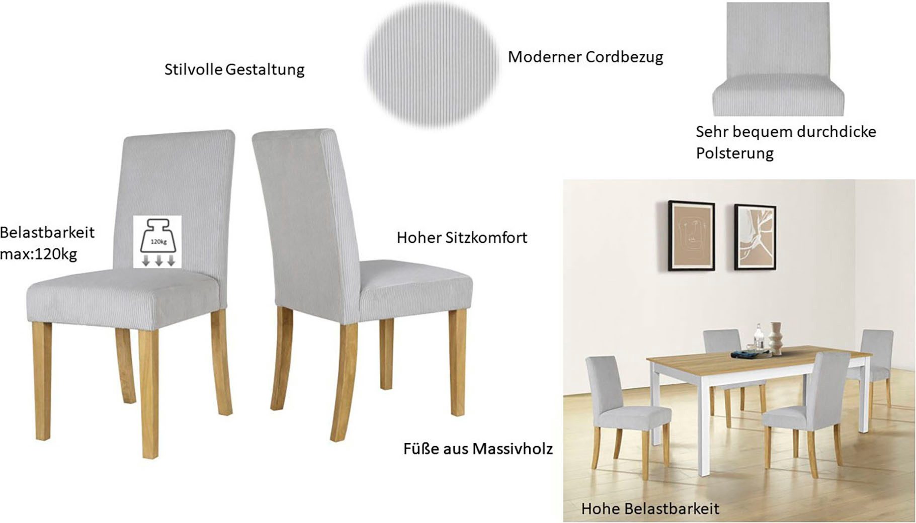 Home affaire Eetkamerstoel Winikon, TOPSELLER! Massief houten frame, moderne cordstof, comfortabel gepolsterd (set)