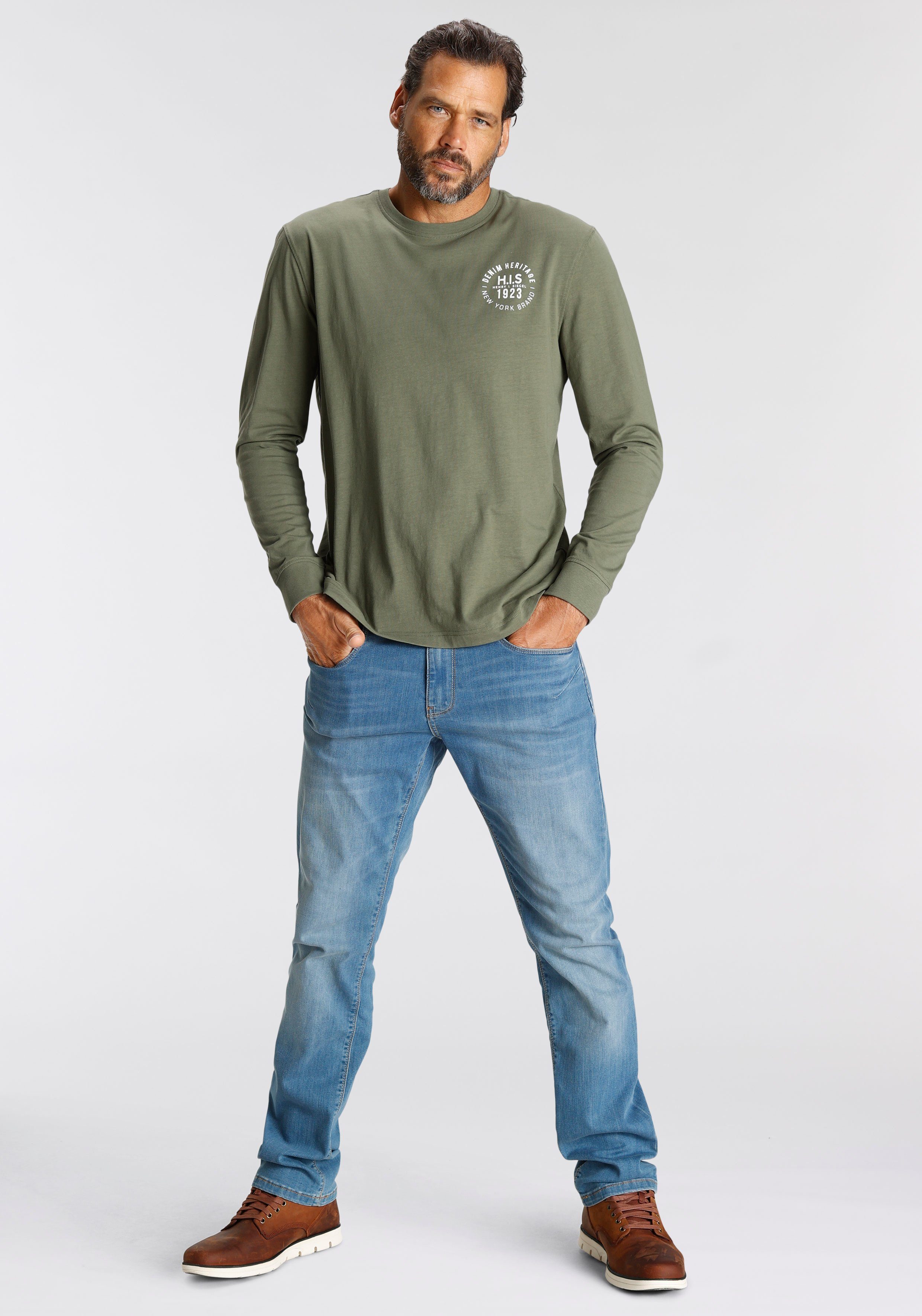 H.I.S Shirt met lange mouwen Lange mouwen, bedrukt, ronde hals, van 100% katoen (2-delig, Set van 2)