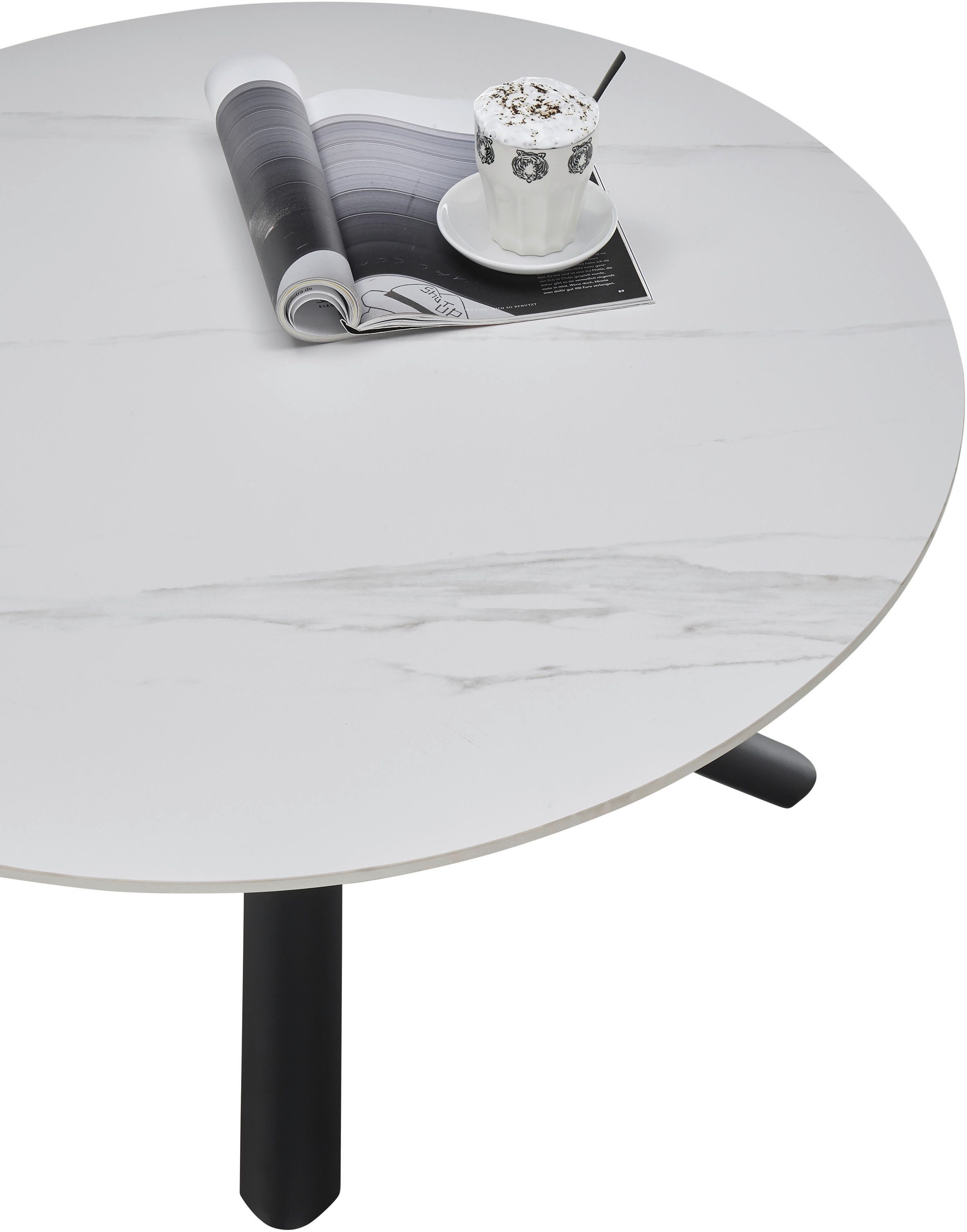Stolkom Salontafel Joanna ronde eettafel keramiek, wit gemarmerd, BxH 90x45 cm Keramische oppervlakte wit gemarmerd, 4-poots frame mat zwart