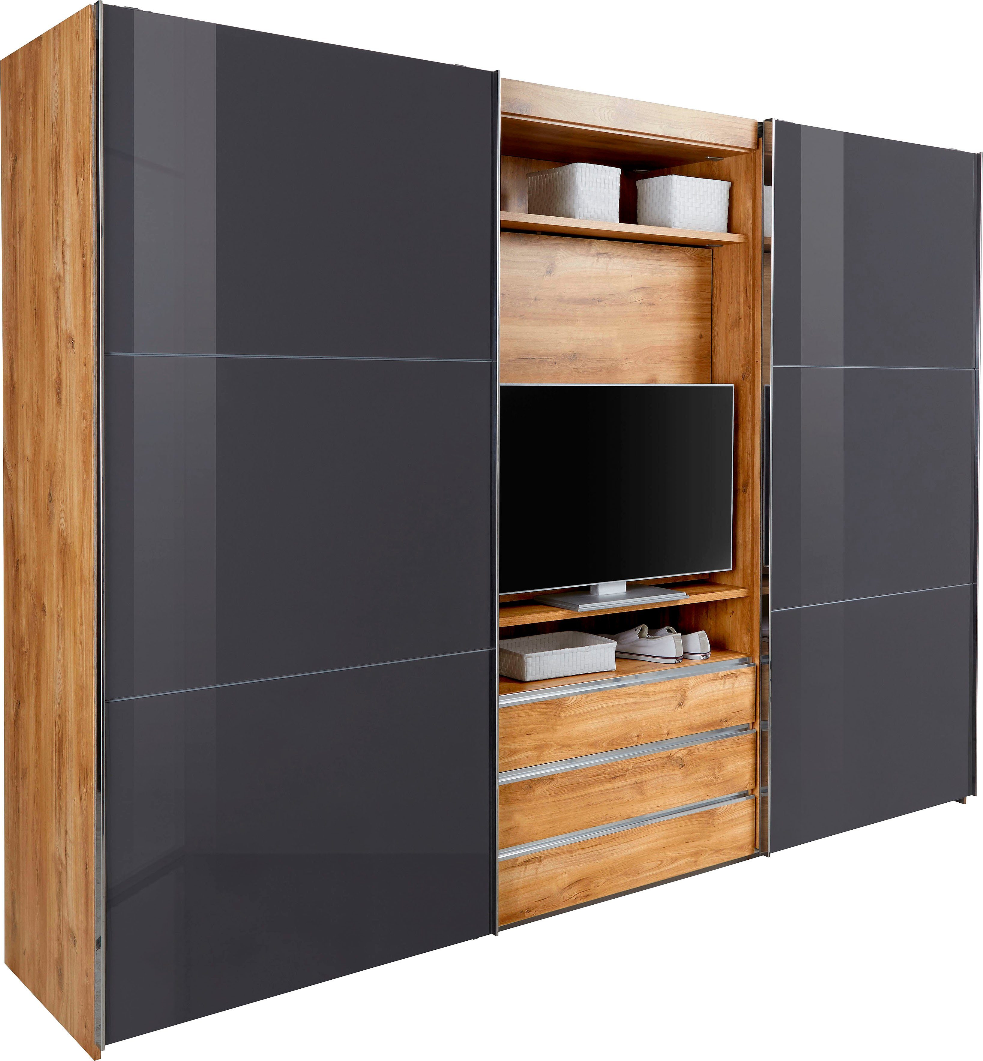 Wimex Zweefdeurkast Magic by fresh to go mooie extra: met draaibaar tv-element, fronten van glas zweefdeurkasten maat 300 cm x 236 cm x 65 cm beige
