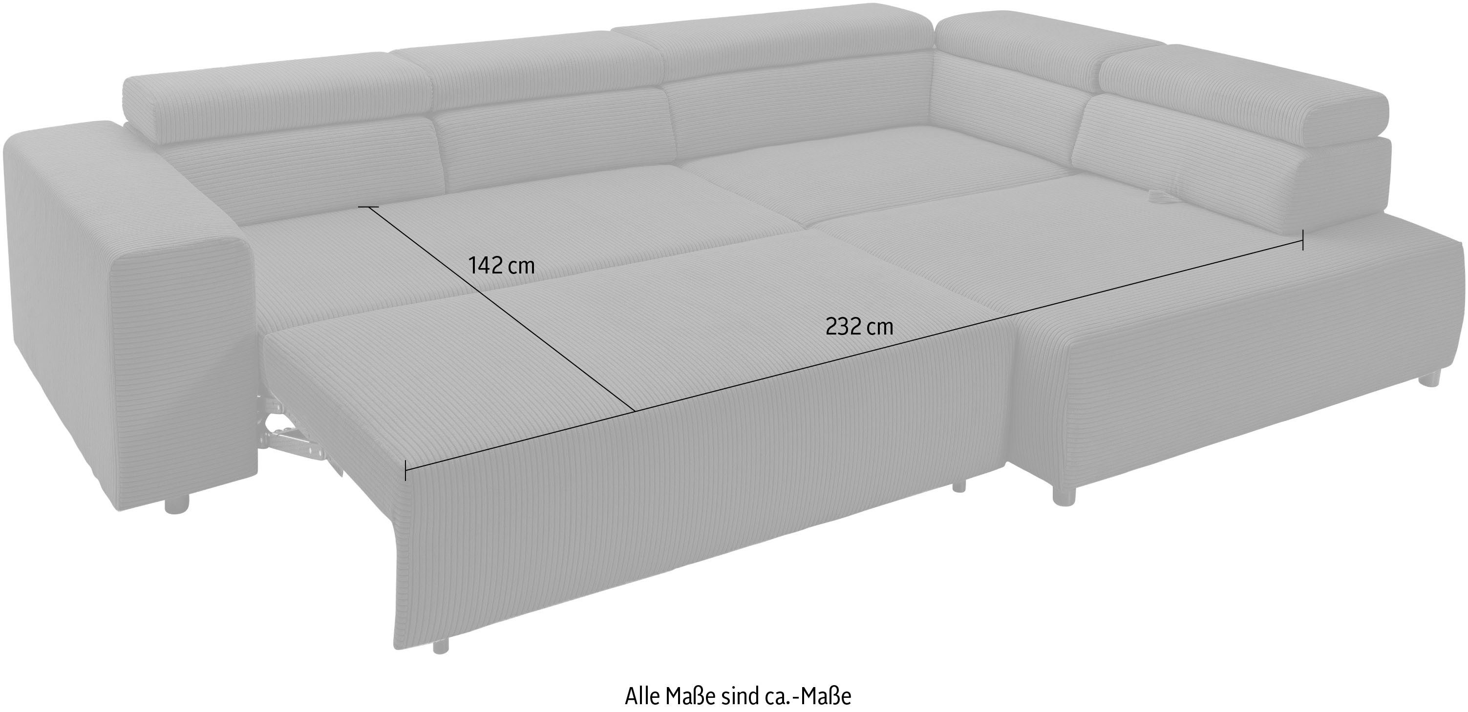 exxpo - sofa fashion Hoekbank VITTORIO met comfortfuncties, comfortabel en modern, cord, L-vorm incl. hoofdsteun- en zitdiepteverstelling, optioneel met bedfunctie