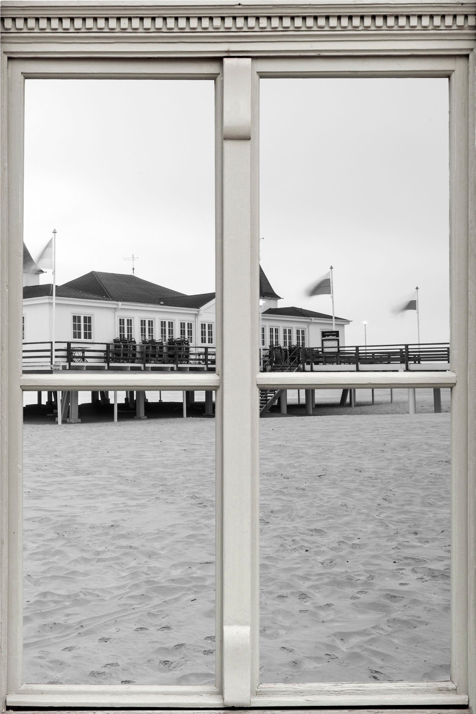 queence Wandfolie Huis aan zee Muursticker, muurdecoratie, zelfklevend, 3D, raam