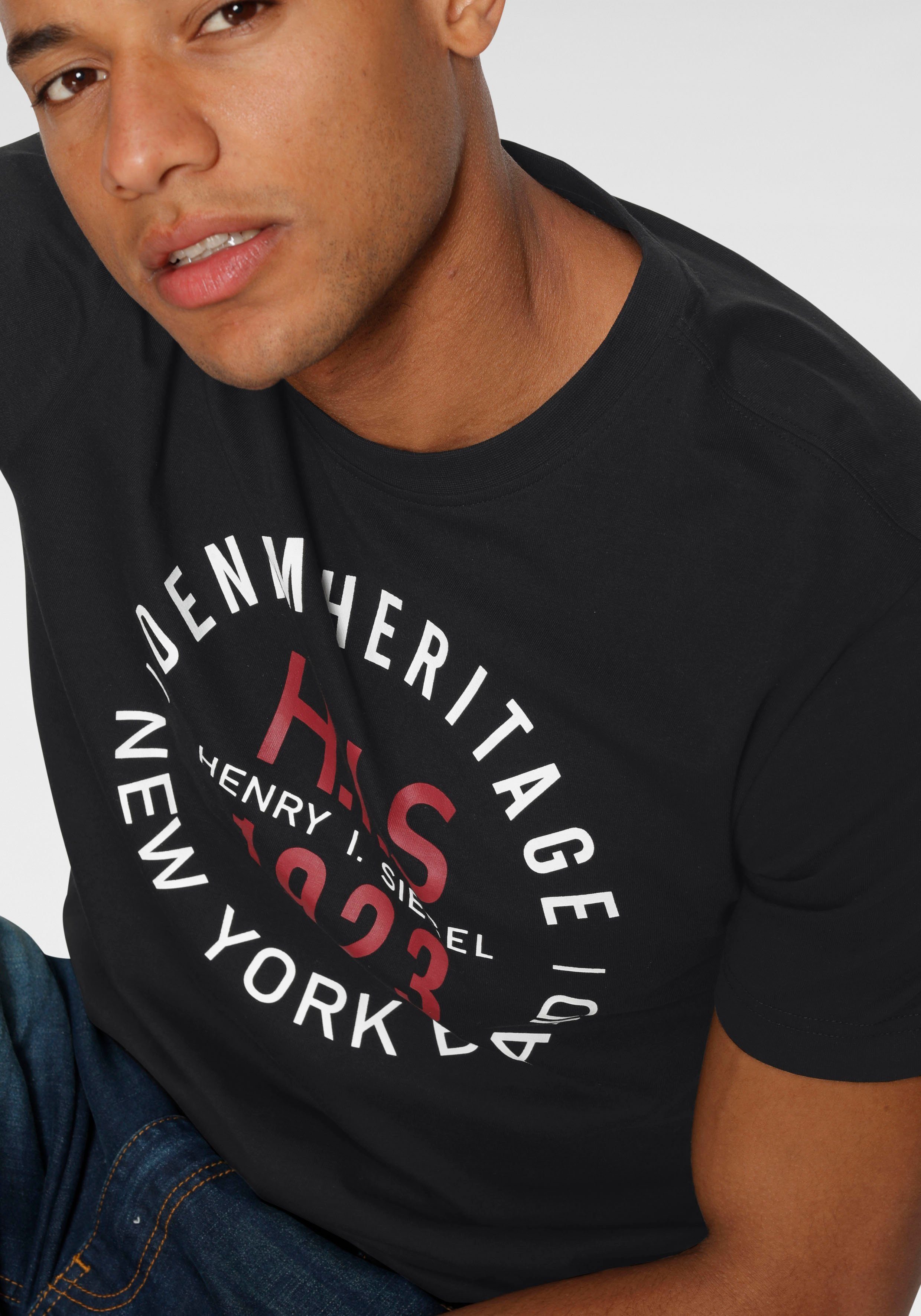 H.I.S Shirt met ronde hals Korte mouwen, smalle pasvorm, met print, ronde hals, van katoen