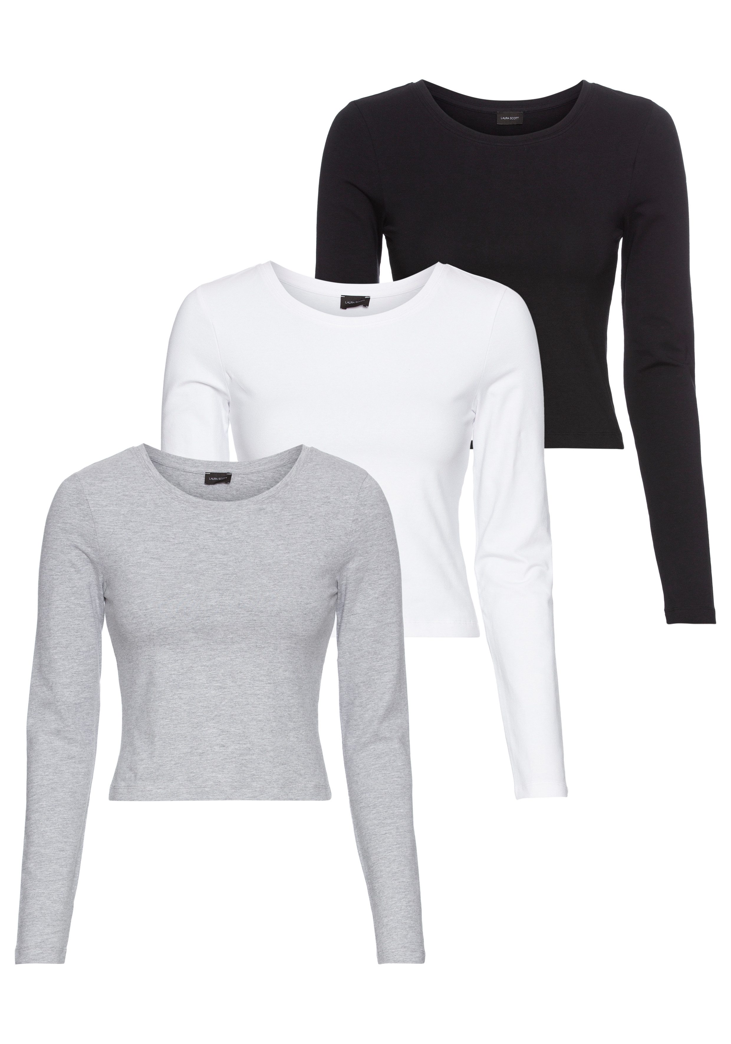 Laura Scott Shirt met lange mouwen CROPPED in modieuze korte vorm, jersey (Set van 3)
