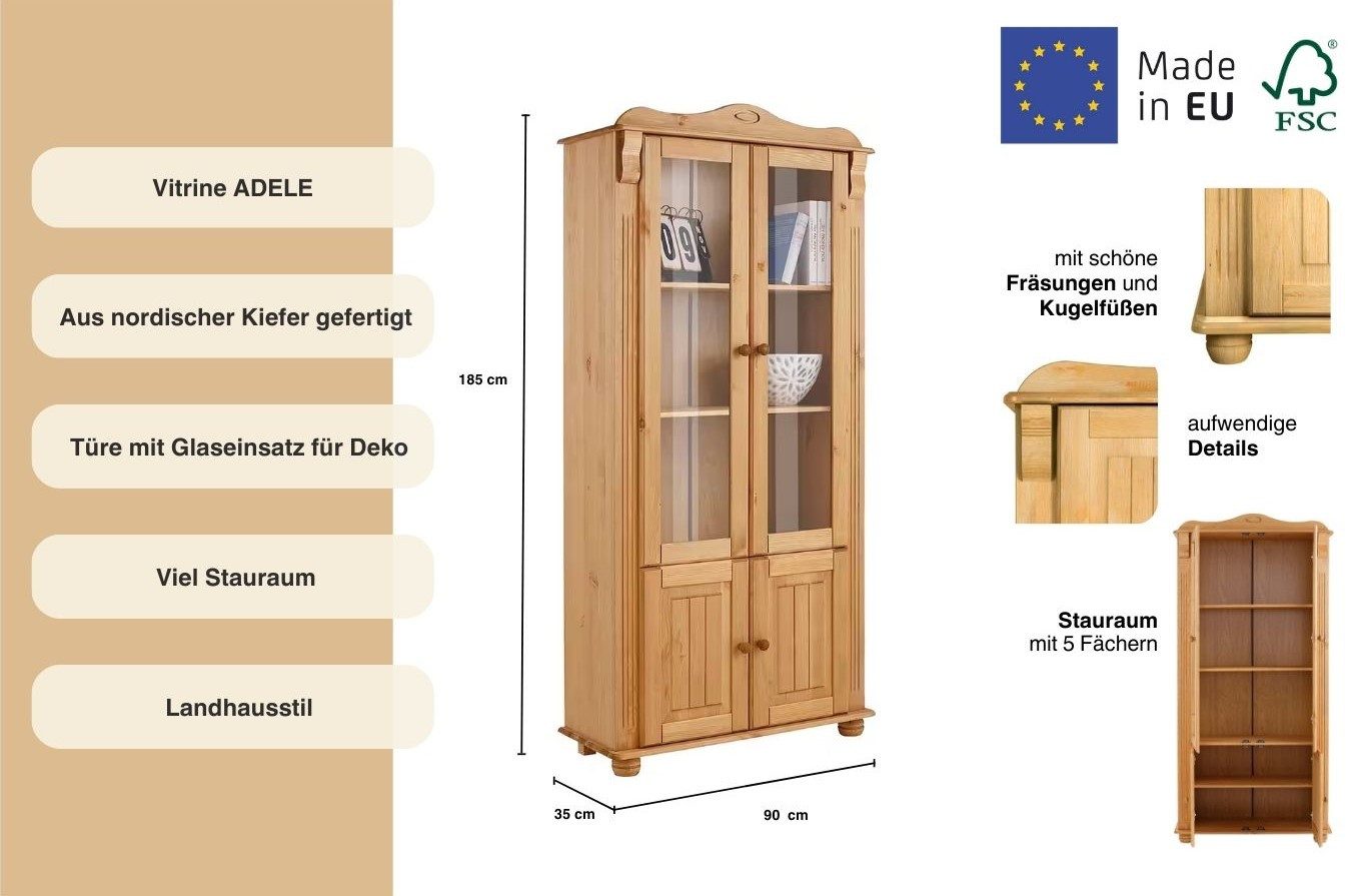 Home affaire Vitrinekast ADELE 4-deurs, hoogte 185 cm, met glaselementen, van massief dennenhout, fsc®