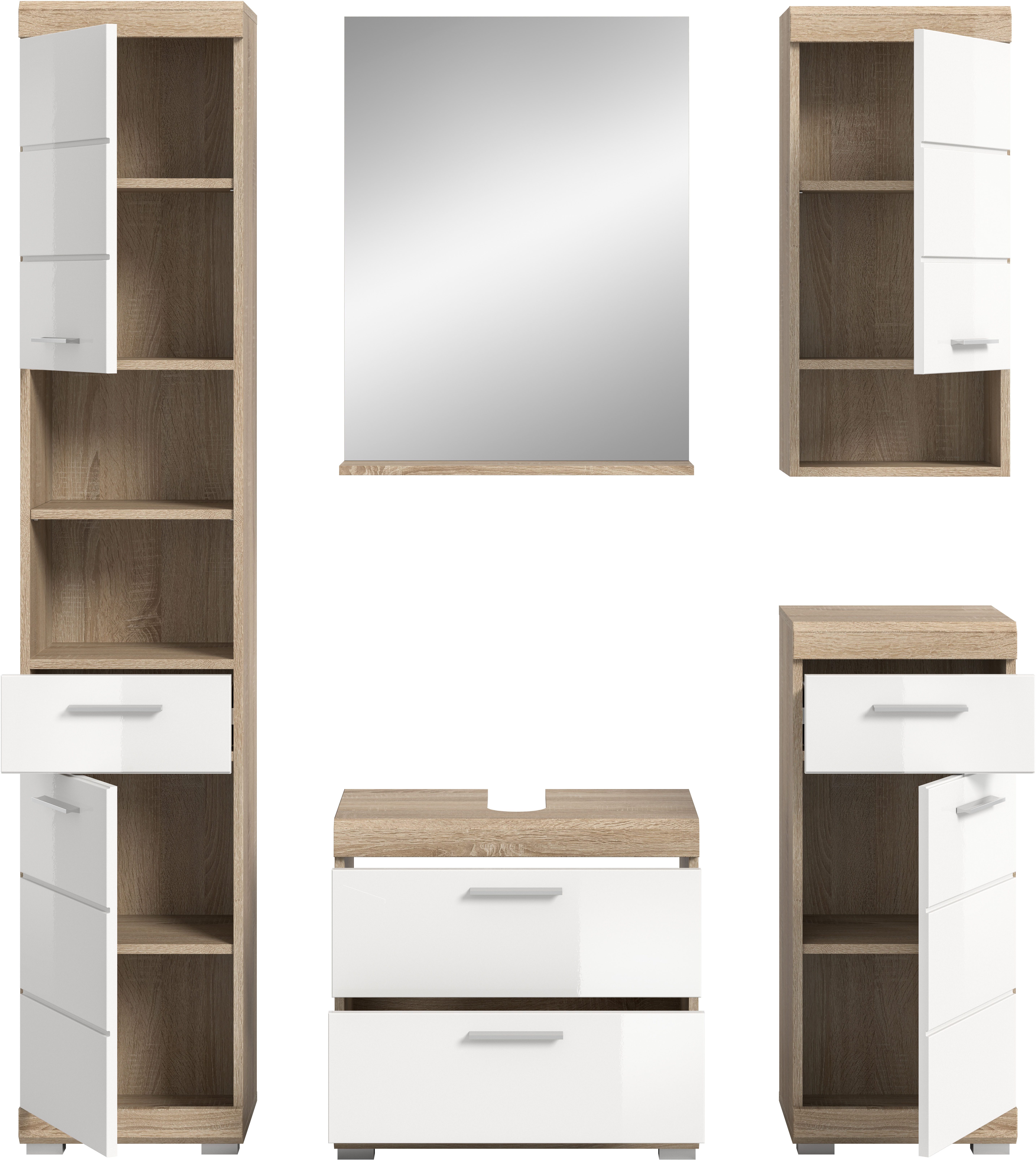 INOSIGN Badmeubelset Siena, 5-delig, bestaande uit: Hoge kast, WBU, spiegel, onderkast, hangkast (set, 5 stuks)