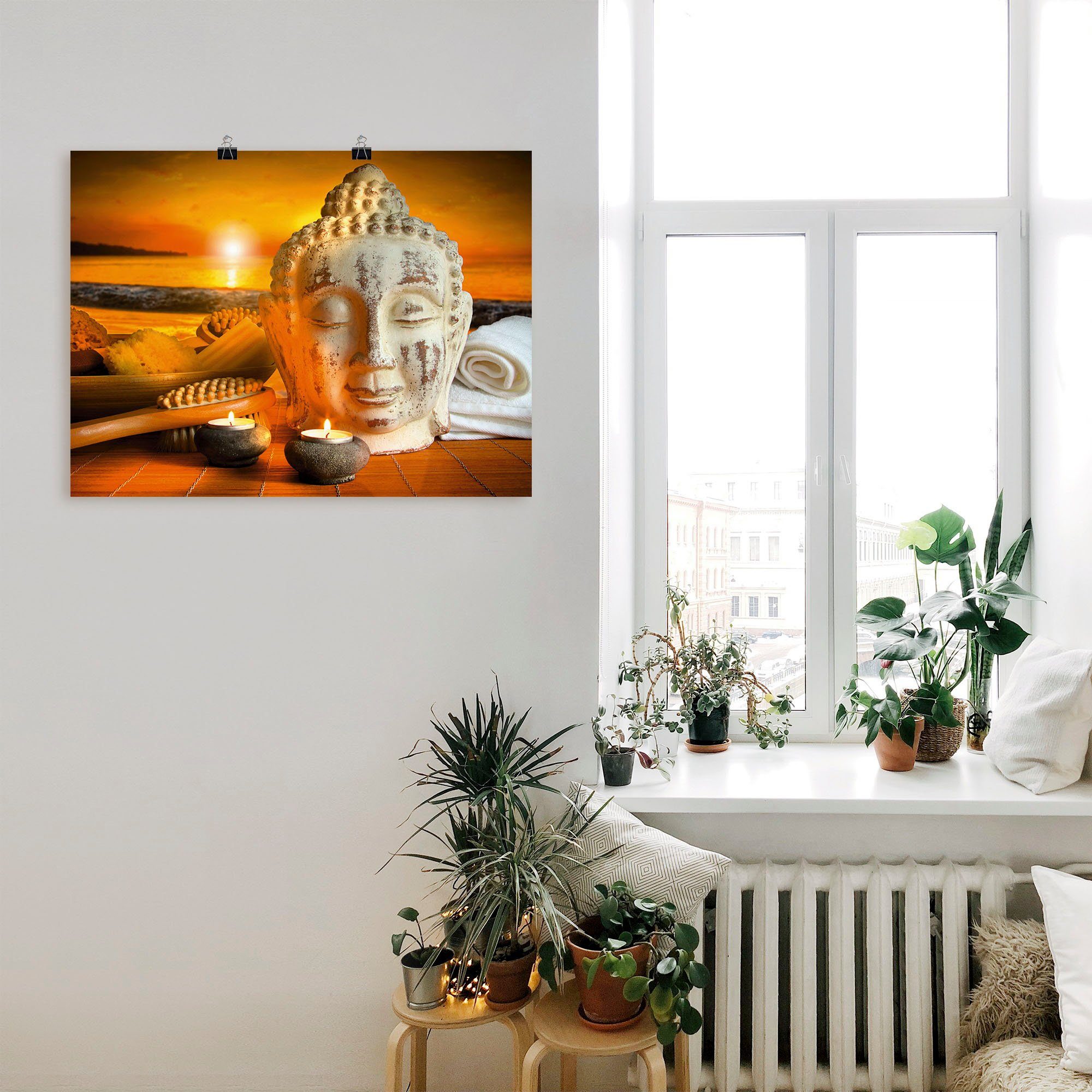 Artland Artprint Bad-accessoires met boeddha-standbeeld als artprint van aluminium, artprint op linnen, muursticker, verschillende maten