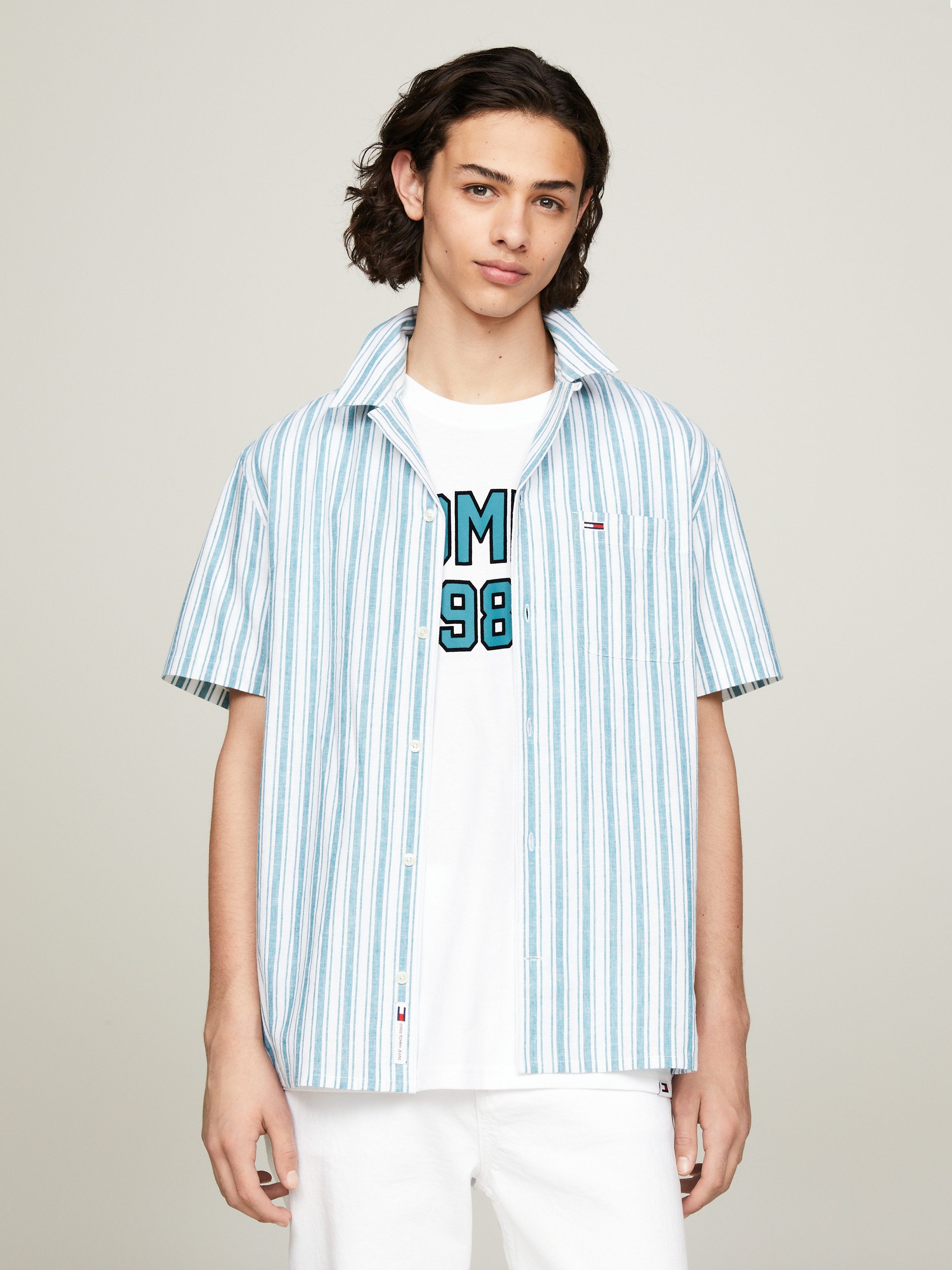 TOMMY JEANS Overhemd met korte mouwen TJM STRIPE LINEN SS SHIRT EXT heren overhemden maat M groen