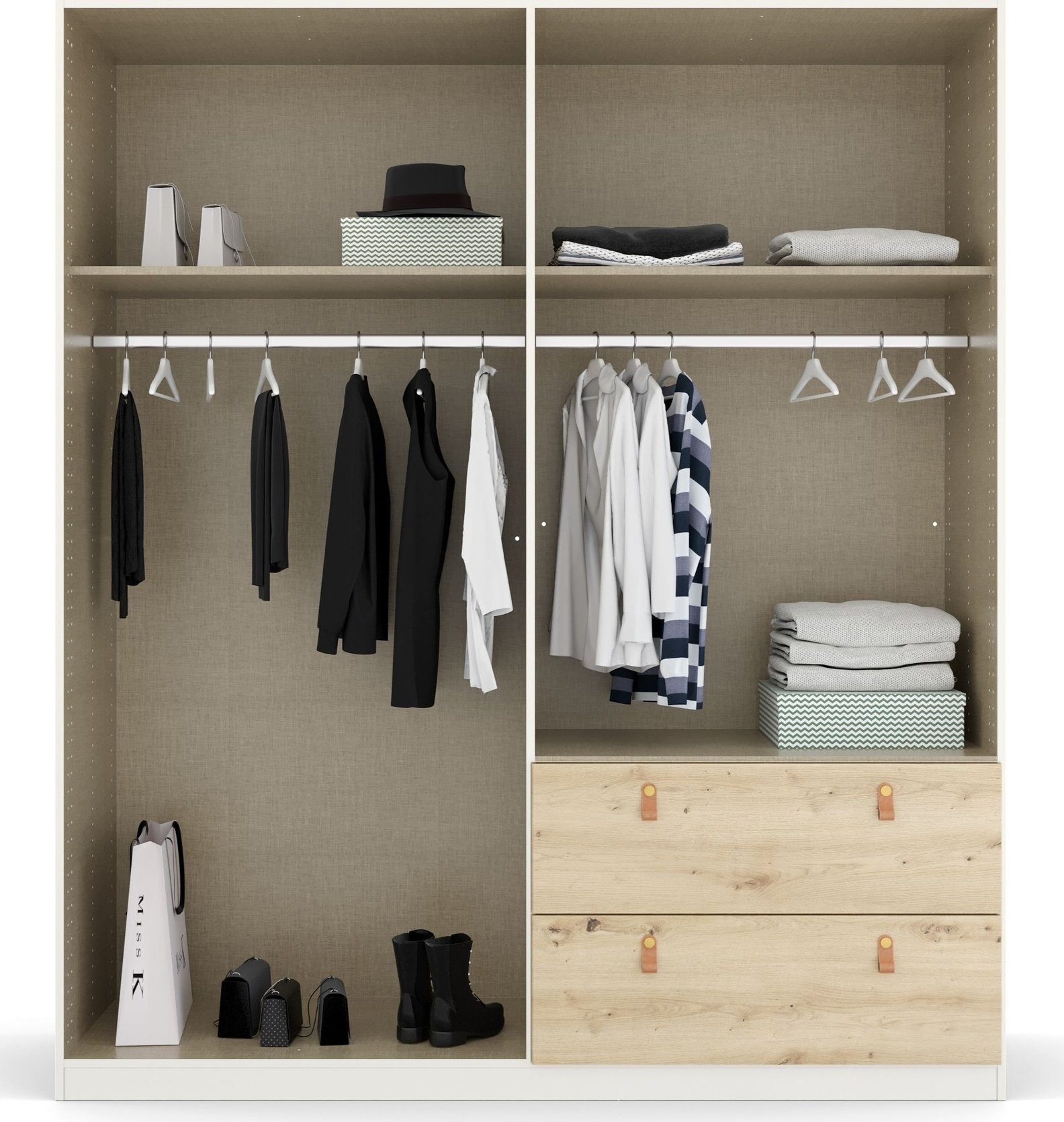rauch Draaideurkast Homey by Quadra Spin met cognacbruine leren greeplussen, laden in eiken-decor