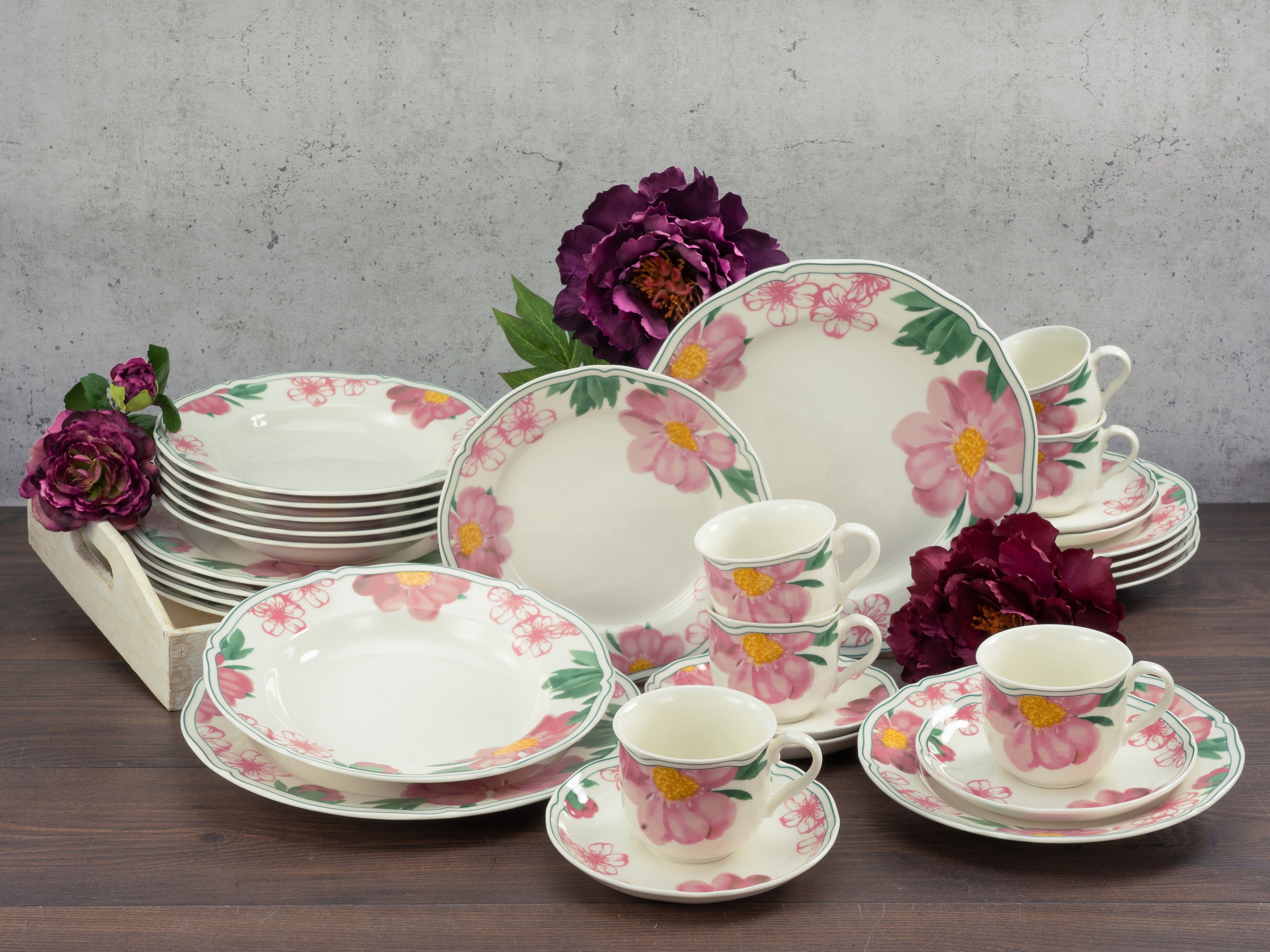 CreaTable Combi-servies Servies-set Rose Servies, premium-porselein, Made in Europe, 30 delen, voor 6 personen (set, 30-delig)