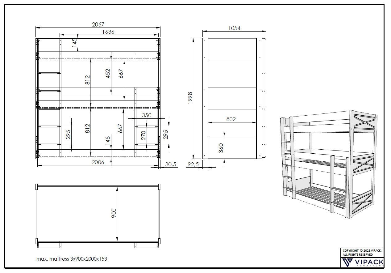 Vipack Stapelbed met 3 lf à 90x200 cm en rolbodem, stabiel gebouwd, massief grenen wit