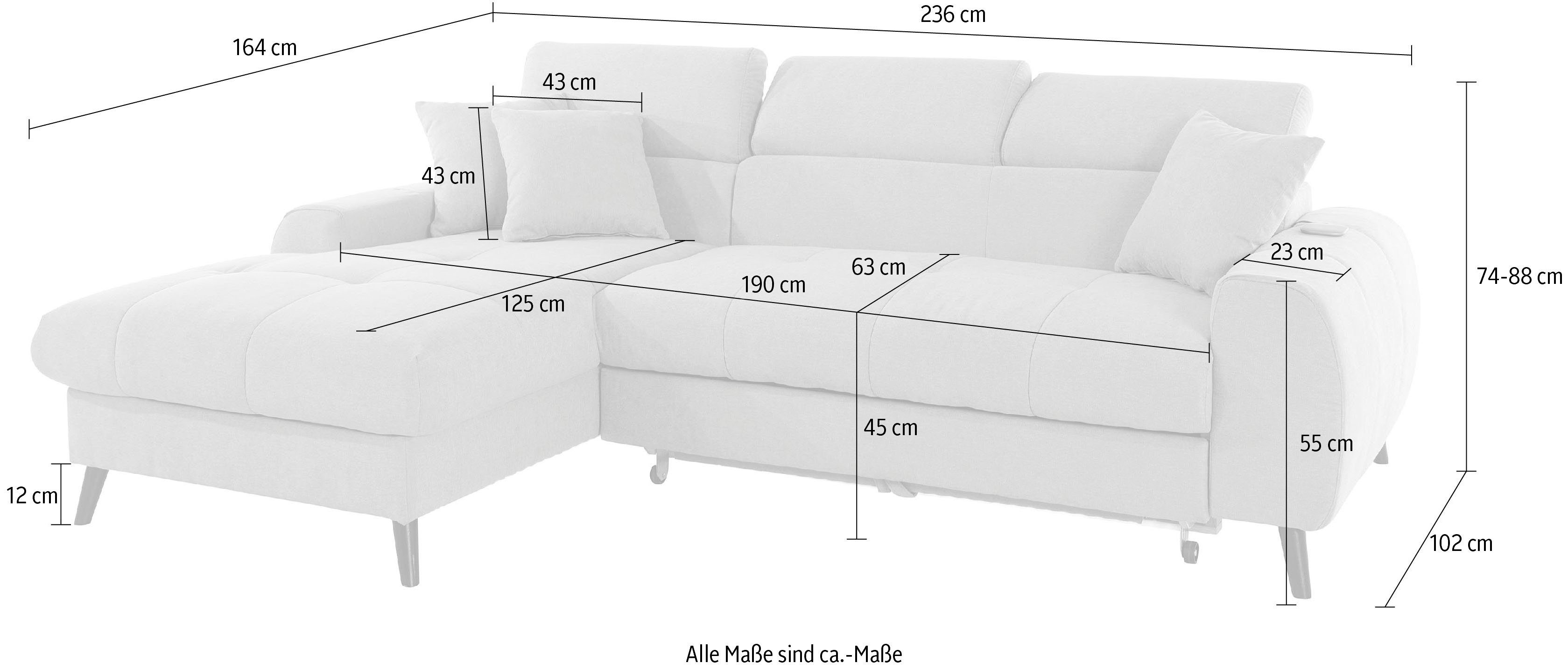 COTTA Hoekbank Mia L-vorm met 3 sierkussens keuze met bedfunctie, bedlade, verlichting & draadloze oplader