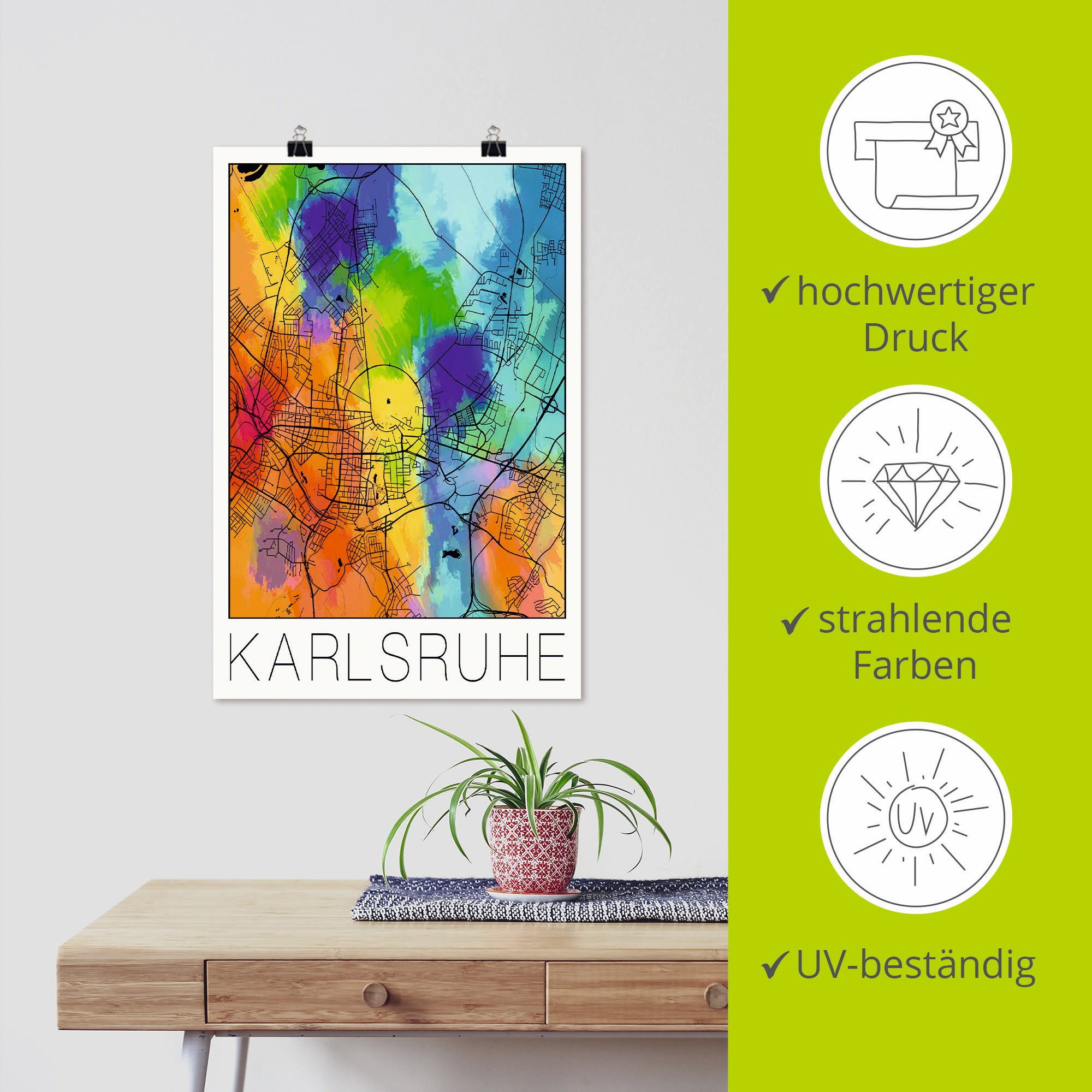 Artland Artprint Retro kaart Karlsruhe aquarel als artprint van aluminium, artprint voor buiten, poster in diverse formaten