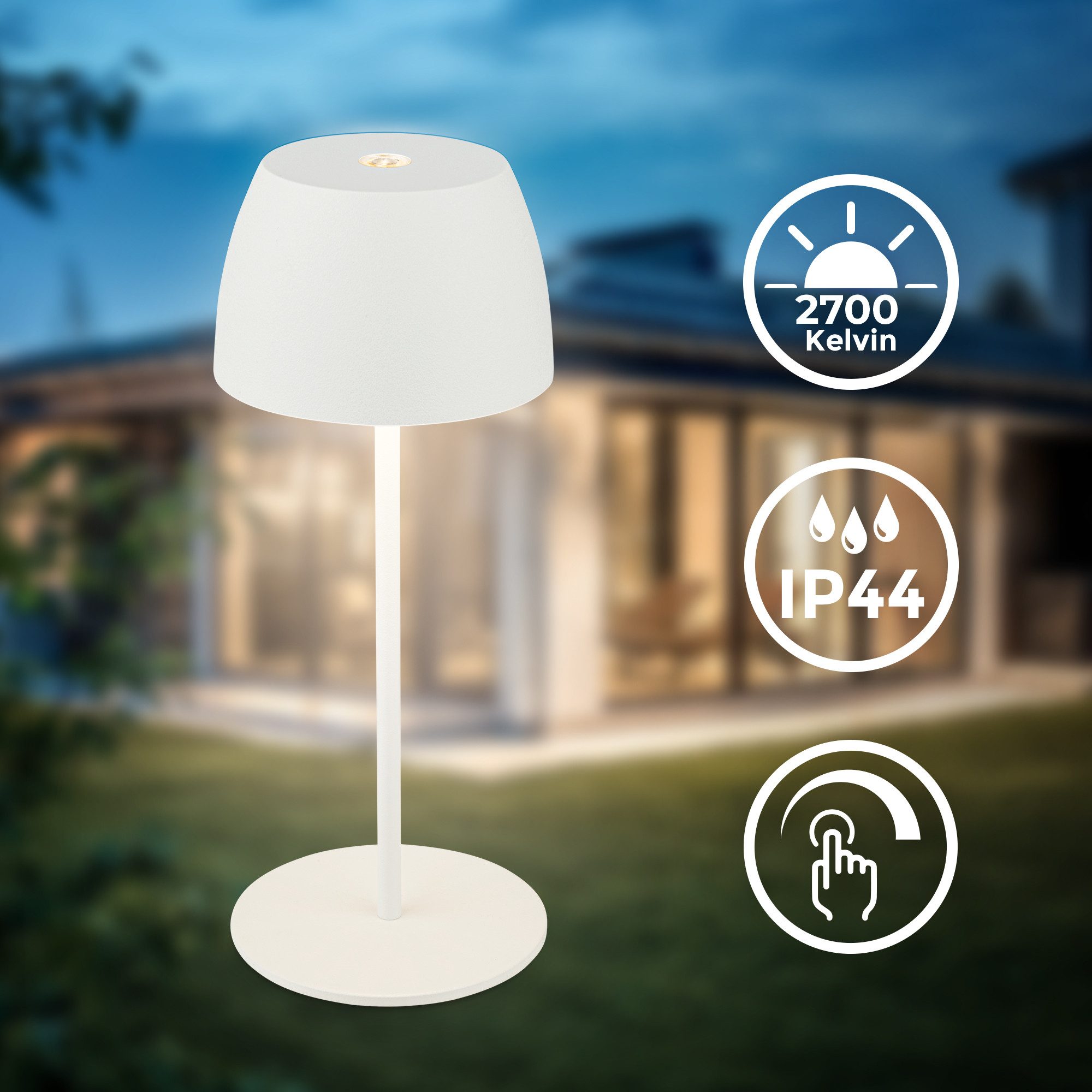 B.K.Licht Tafellamp voor buiten BK_TL1605 Mini Accu LED tafellamp, touchdimmer, met USB-C 2.700 k, 150 lm, 2,5w, ip44, verwisselbare accu, 4h-24h brandduur, wit (1 stuk)