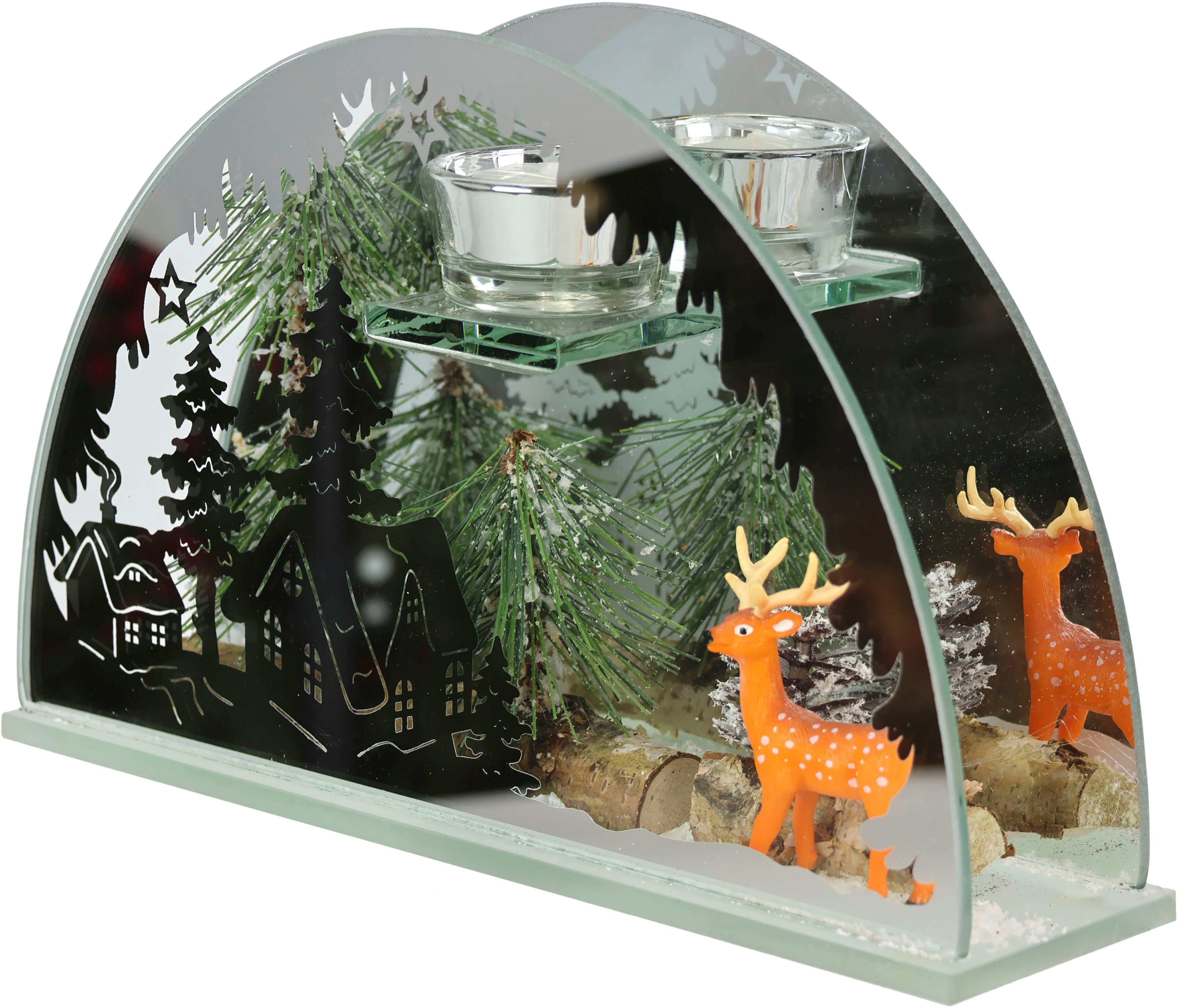 I.GE.A. Waxinelichthouder Kerstdecoratie, kaarsenhouder, decoratie-object van spiegelglas, met hertdecoratie in winterlandschap, hoogte ca. 15 cm (1 stuk)