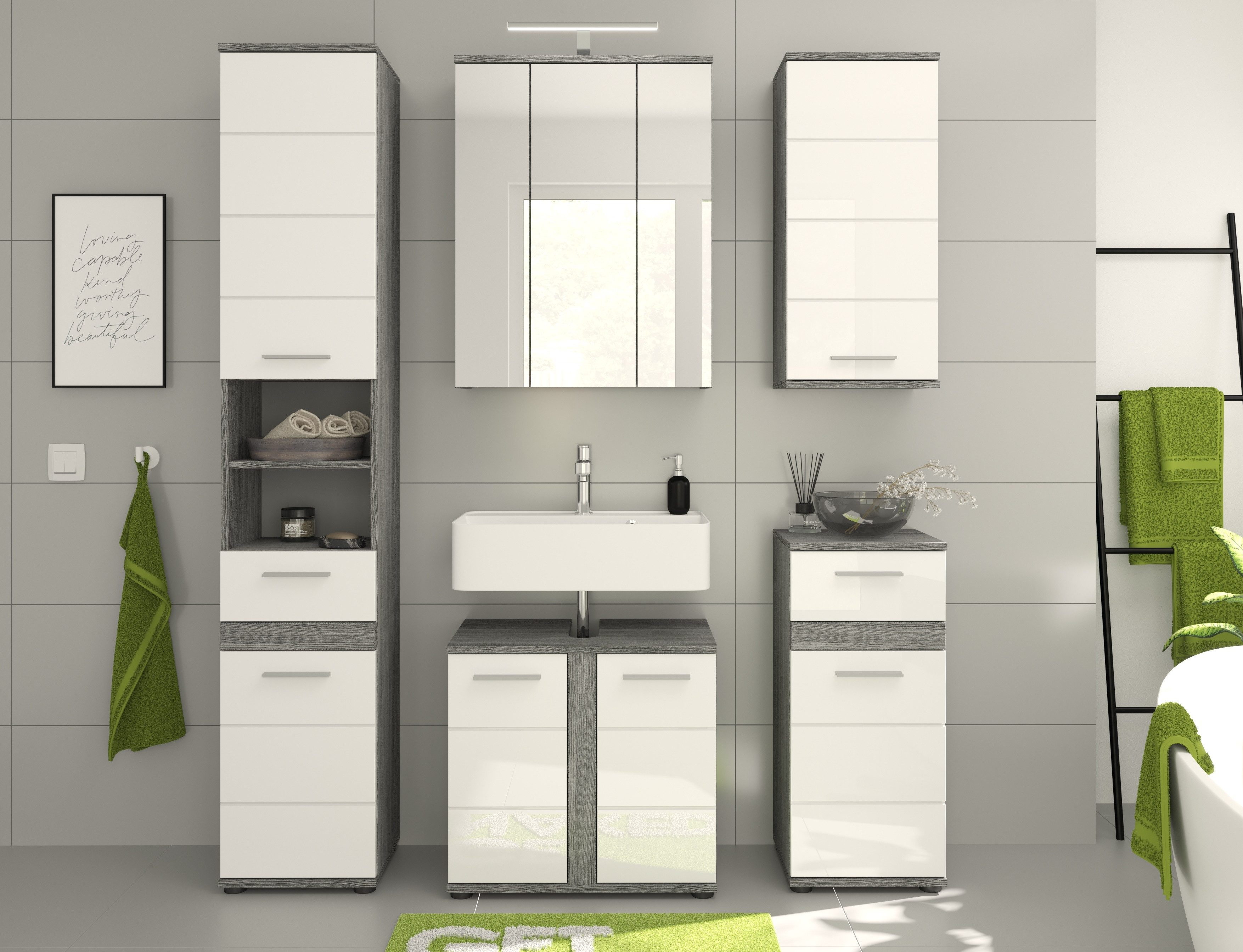 welltime Badkamerserie LUCCA, 2-delig, TOPSELLER!, wastafelonderkast, spiegelkast hoogwaardige mdf front, badkamermeubels, combinatie, combi, badkamer (set, 2-delig)