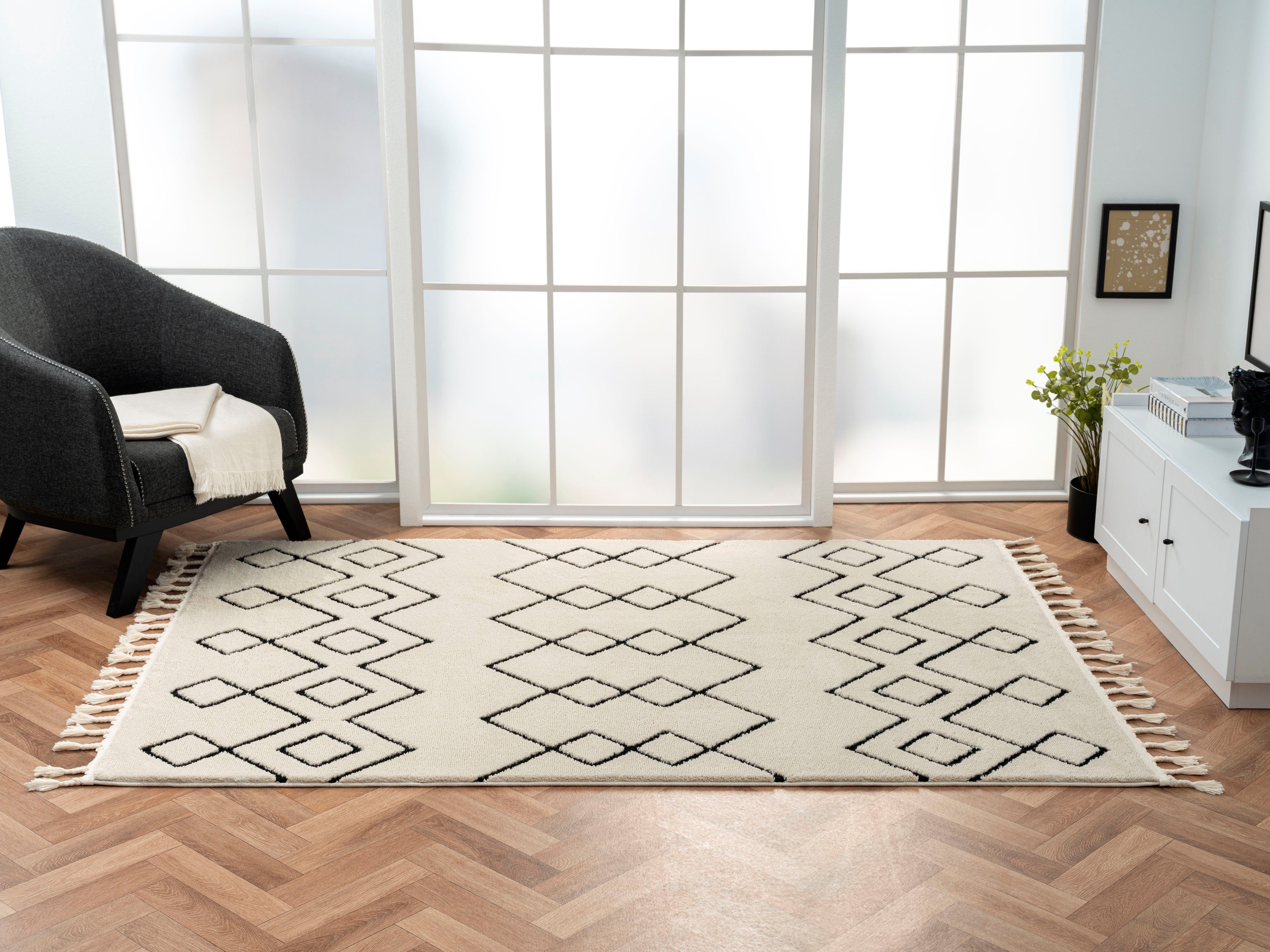 Myflair Möbel & Accessoires Hoogpolig vloerkleed Moroccan Mural modern, marokkaans ontwerp, fluffy zacht, met franjes