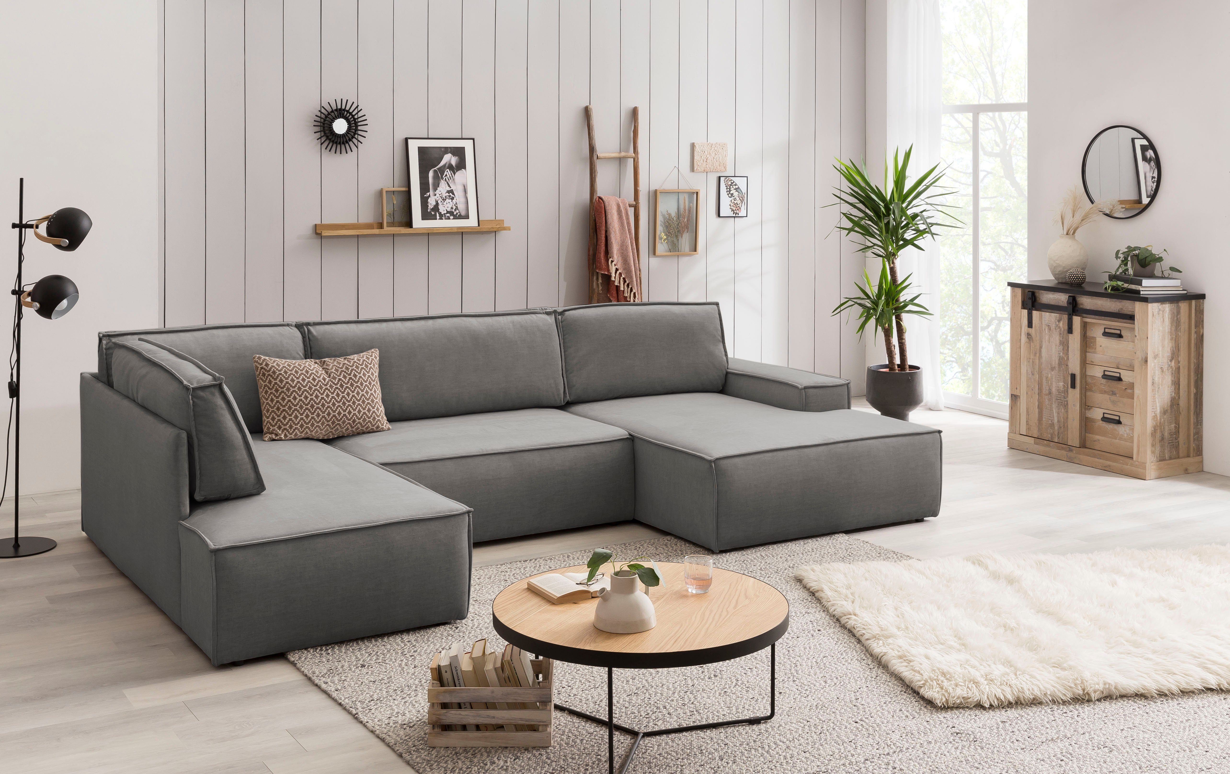 Home affaire Zithoek SHERWOOD 329 cm, U-vorm, slaapbank, Slaapfunctie met bedkist (194x139 cm), cord, vintage, fluweel