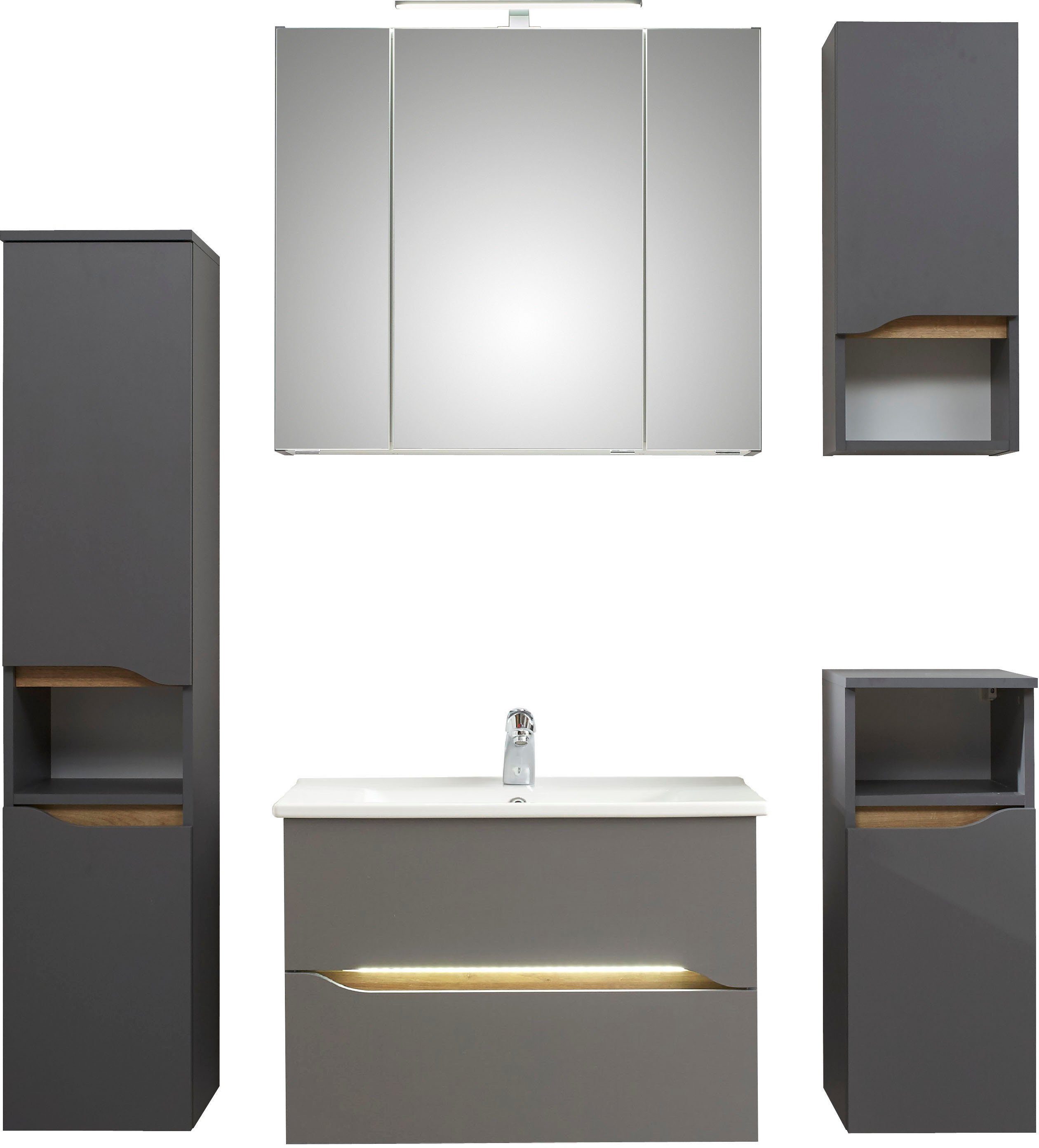 Saphir Badkamerserie Quickset 5-delig, keramische wastafel en LED-spiegelkast Halfhoge kast, onderkast, hangend kastje, inclusief deurdemper, 7 deuren