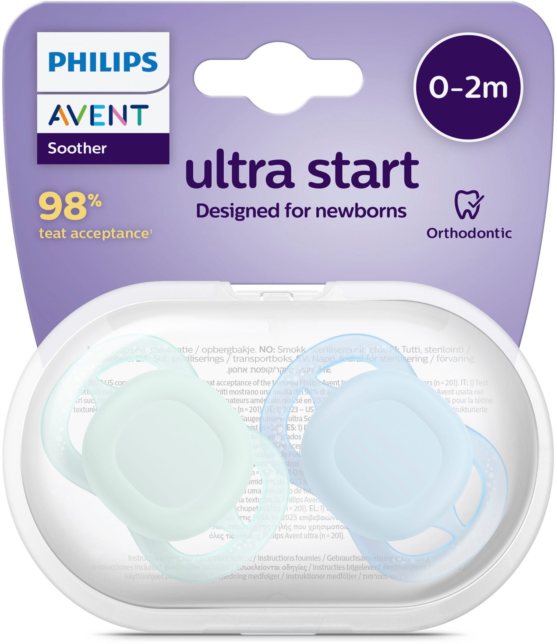 Philips AVENT Speen Ultra Start 0 tot 2 maanden SCF075 kaakvriendelijk voorgevormde speen van silicone, inclusief sterilisatiebox (2 stuks)
