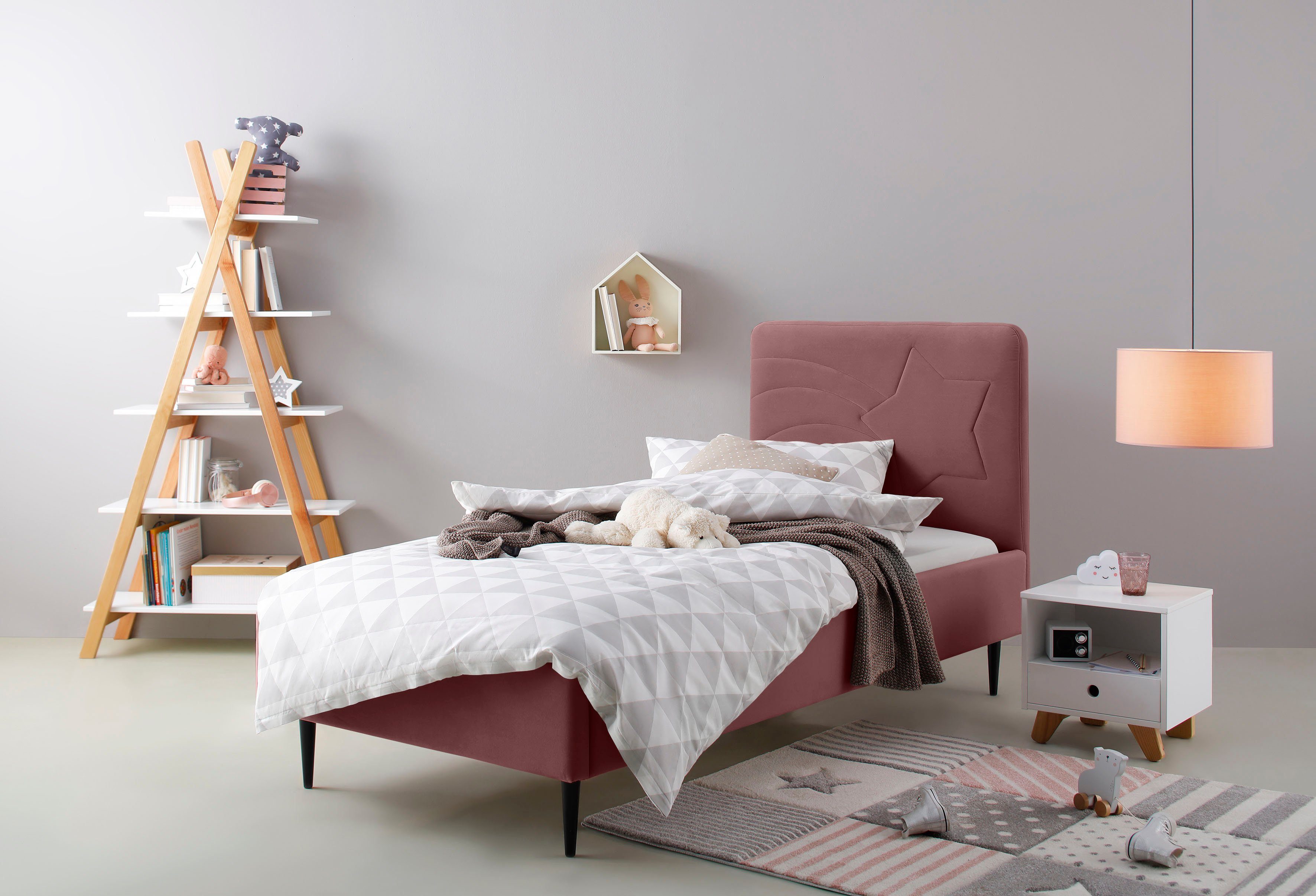 Lüttenhütt Gestoffeerd bed Jonte prettig bekleed hoofdbord met decoratief sterreliëf bedden roze