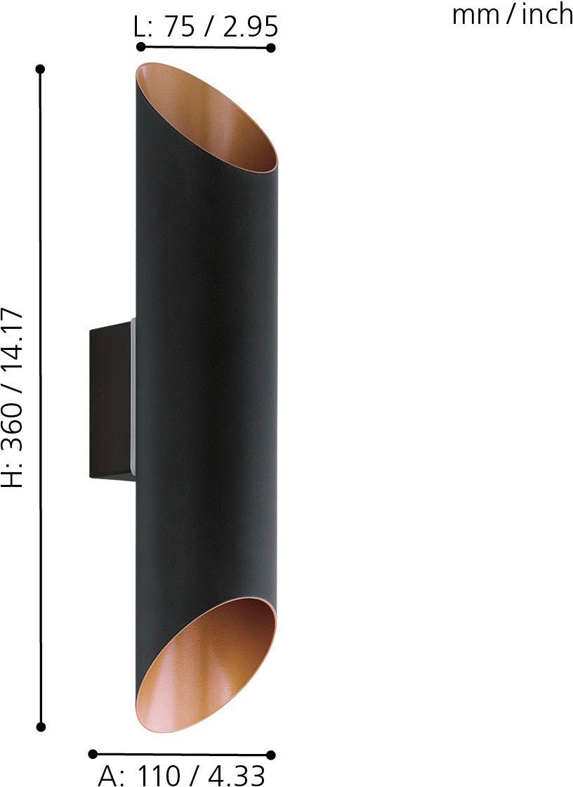 EGLO Ledwandlamp voor buiten AGOLADA zwart, koperkleur / l7,5 x h36 cm / inclusief 2 x led-plank / buitenlamp (1 stuk)