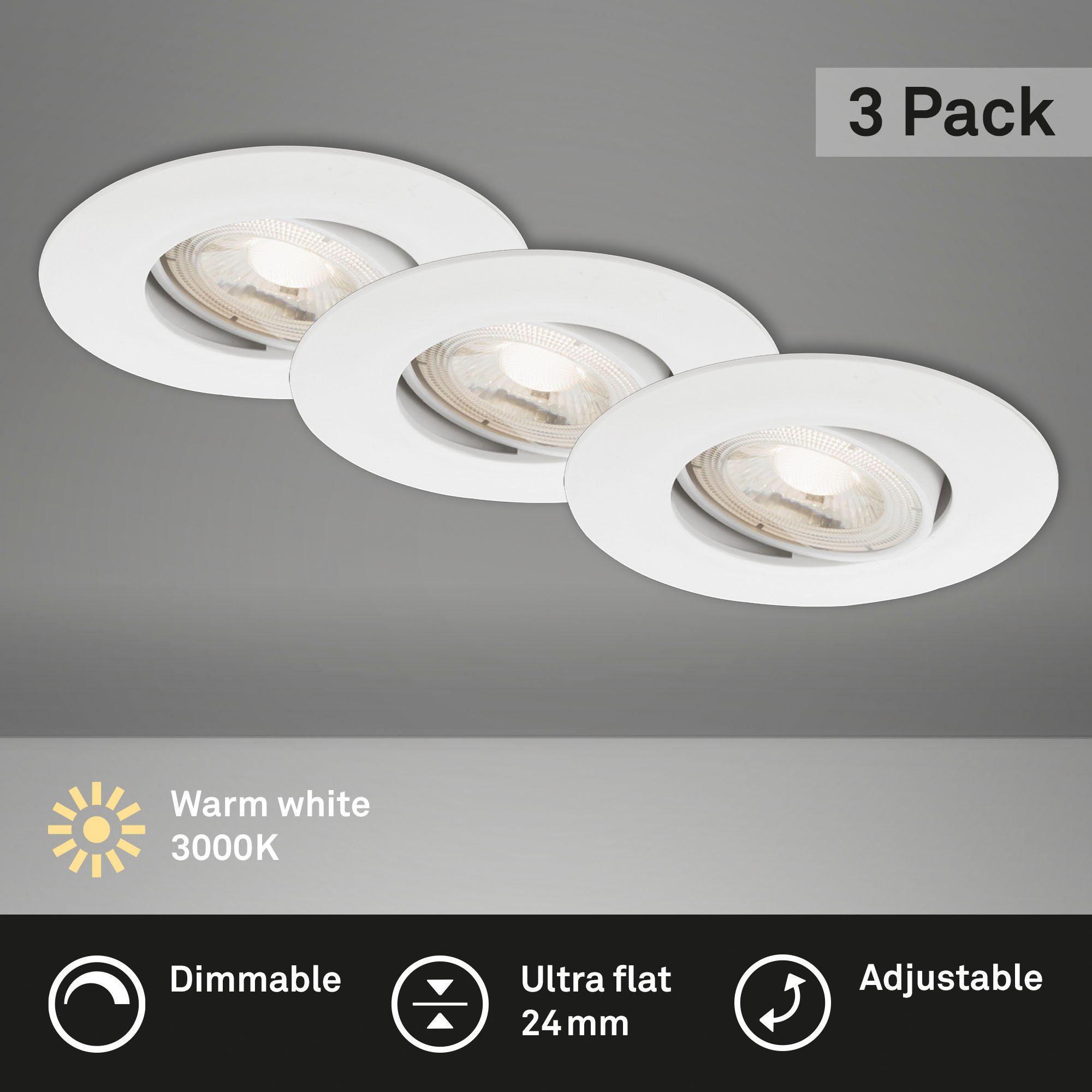 Briloner Leuchten Ledinbouwlamp 7048036 KULANA 3-pack, schijnwerpers draaibaar, traploos dimbaar, wit