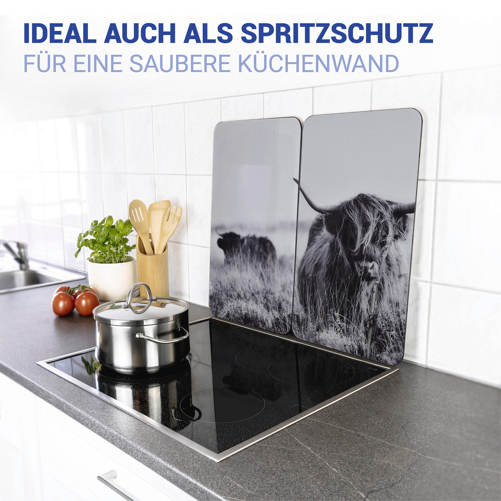 WENKO Kookplaatdeksel Universal Model Highland Cattle Kookplaatafdekking voor alle soorten kookplaten, krasvast, met antislipvoetjes (set, 2-delig)