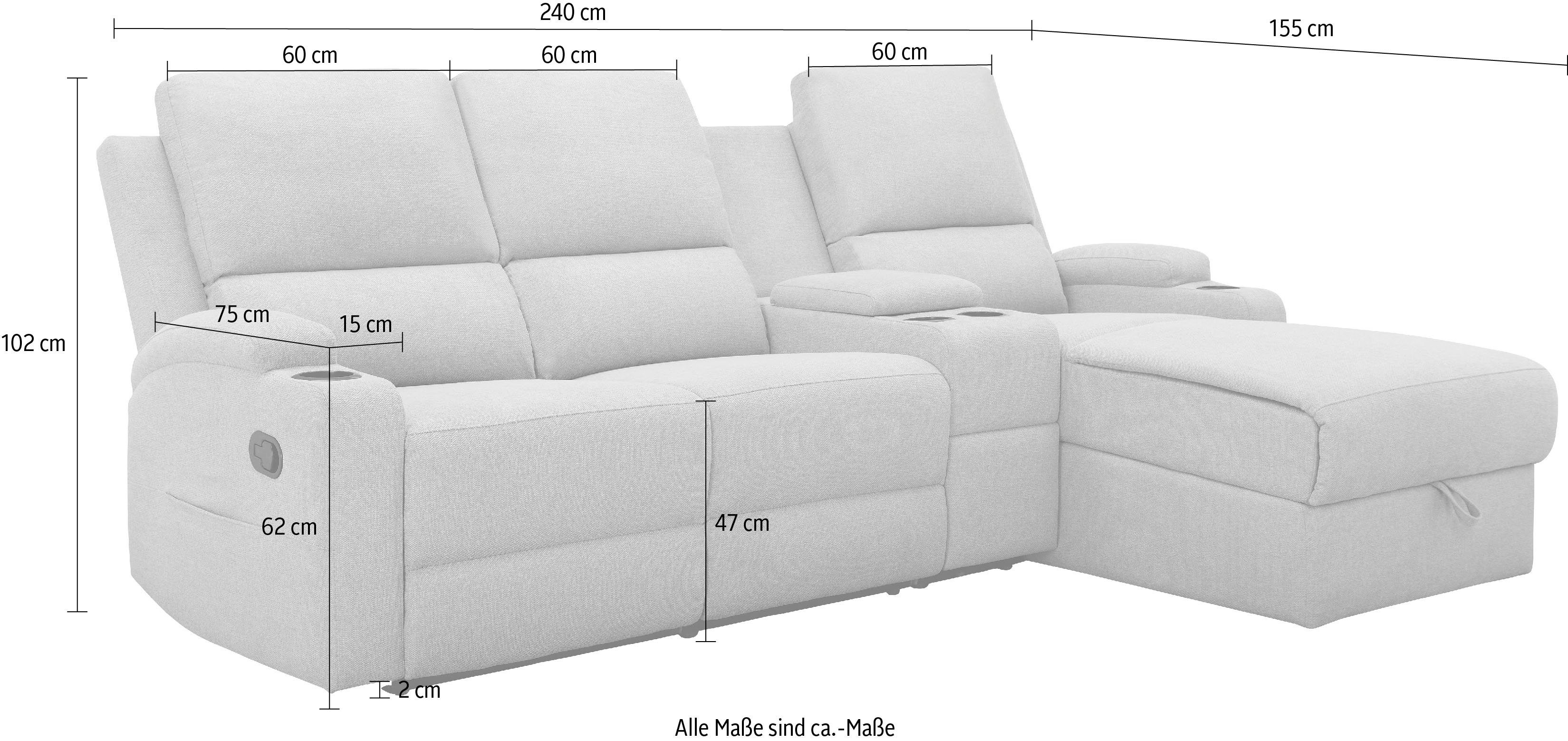 Home affaire Hoekbank Napori multimediabank, 3 bioscoopstoelen XXL, L-model, Bioscoopbank met relaxfunctie, bekerhouder, opbergvak en opbergbox