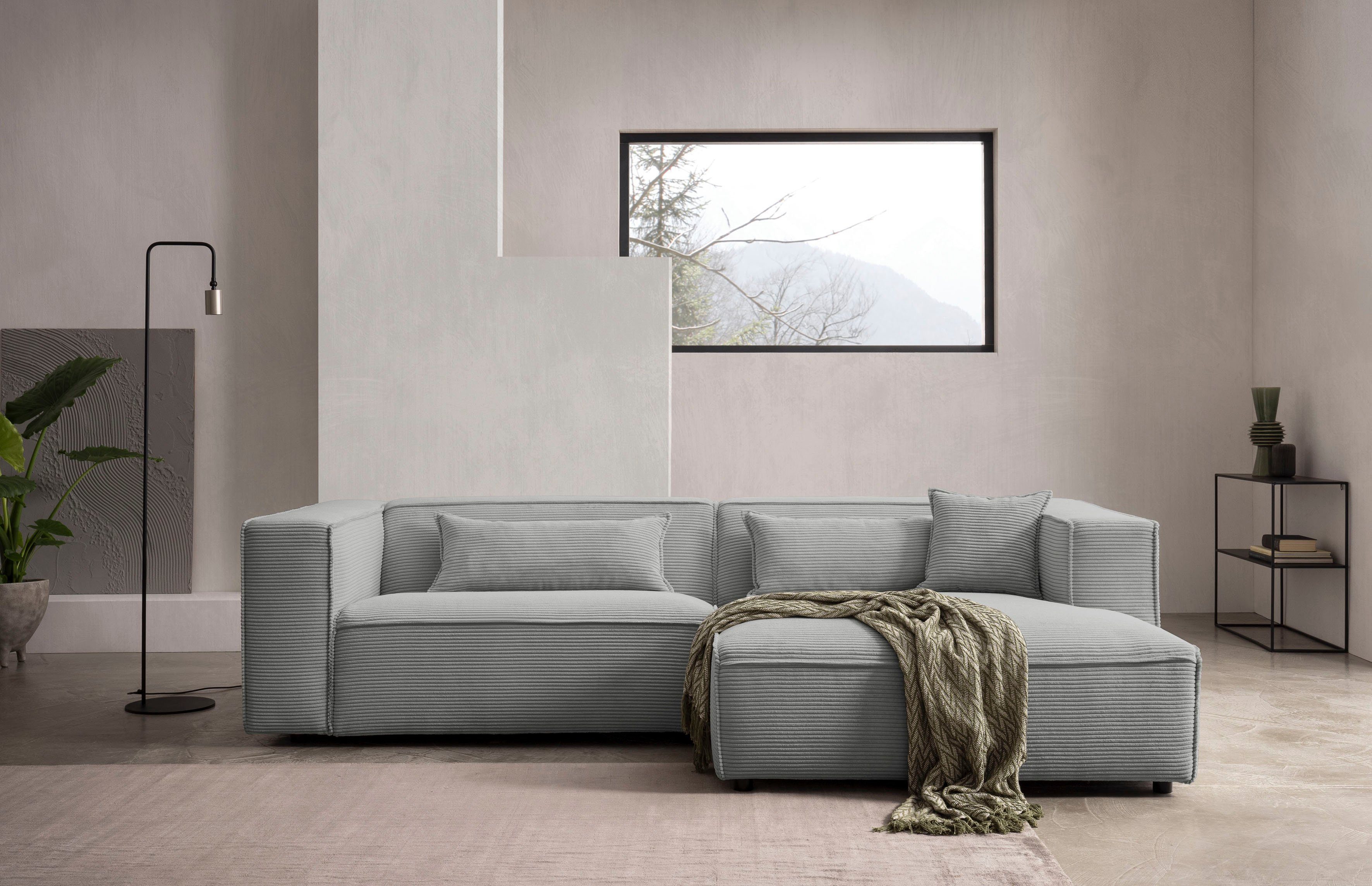LeGer Home by Lena Gercke Hoekbank PIARA met biesnaad in cord of linnenlook, moderne bank in L-vorm keuze ottomaan rechts/links, zwarte voeten, comfortabel zitcomfort