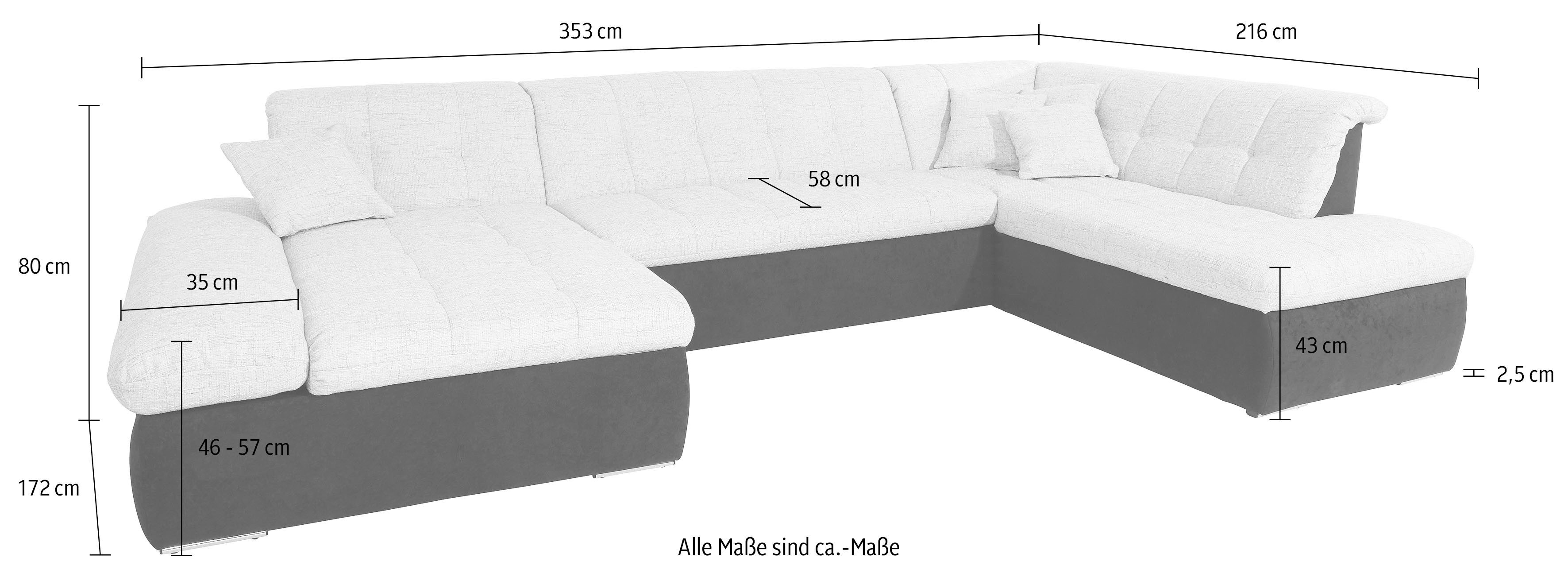 DOMO collection Zithoek Moric Luxus incl. sierkussen U-vorm, tot 140 kg per zitplaats belastbaar, XXL B/D/H: 353/216/80 cm