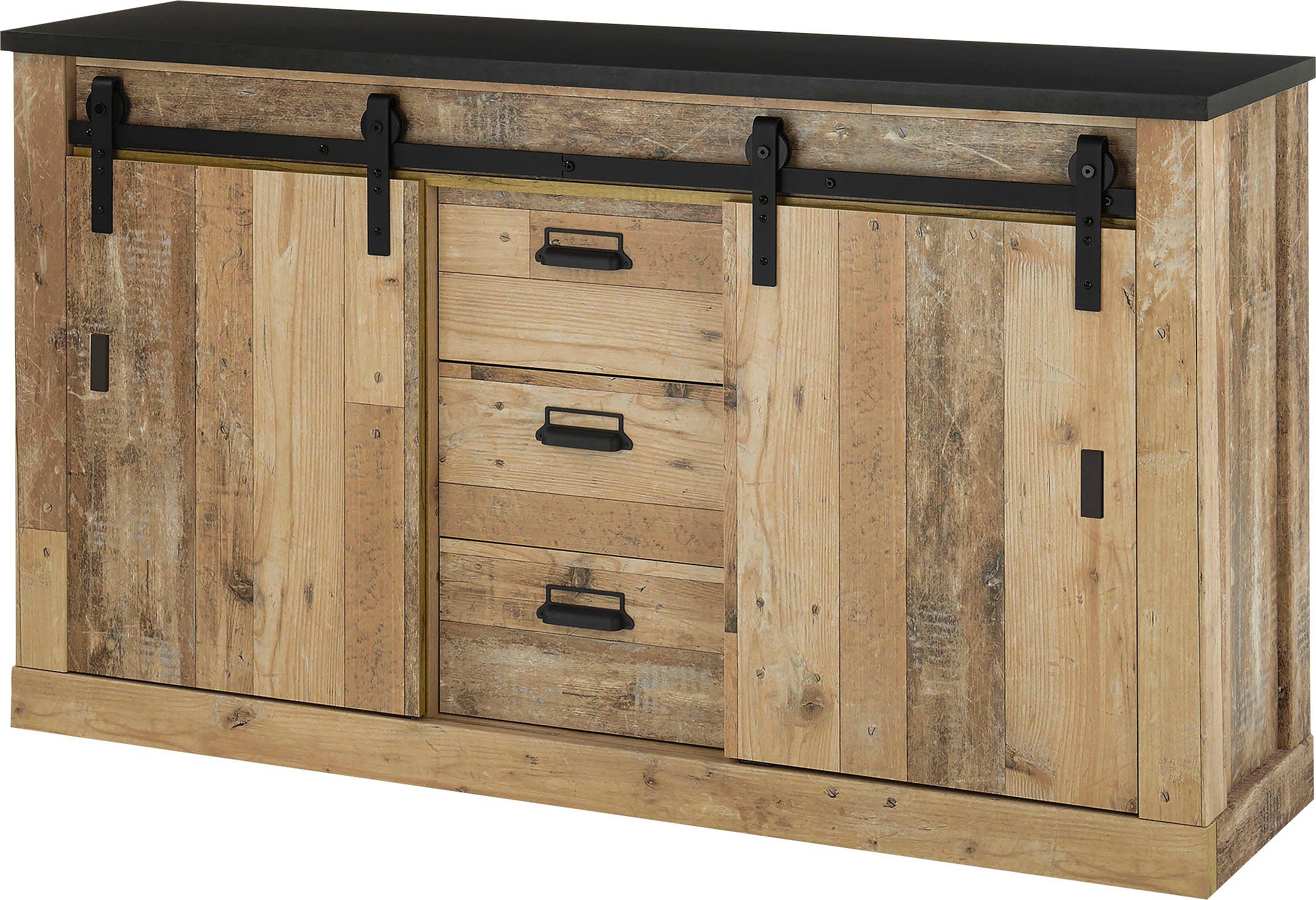 Home affaire Dressoir Sherwood Houtdecor, met schuurdeurbeslag en apothekersgrepen, breedte 161 cm