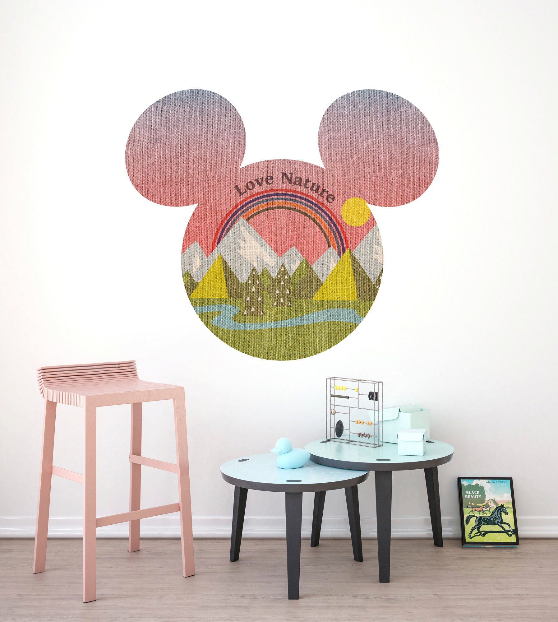 Komar Vliesbehang Zelfklevend vlies - Mickey Head Summer Hike - Afmeting 125 x 125 cm (1 stuk)