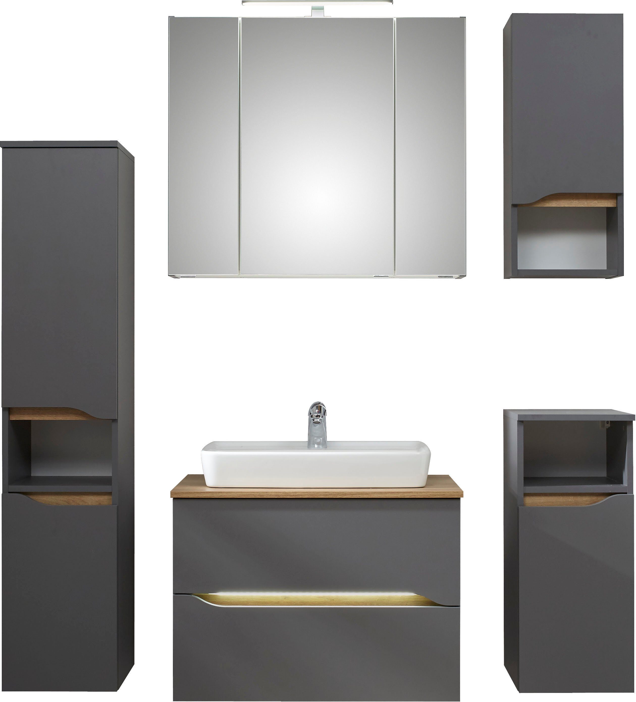 Saphir Badkamerserie Quickset 5-delig, keramische opzetwastafel en LED-spiegelkast Halfhoge kast, onderkast, hangend kastje, inclusief deurdemper, 7