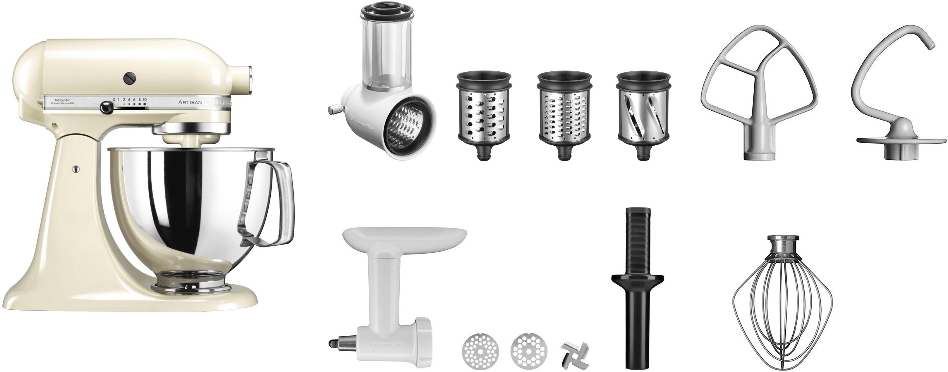 KitchenAid Keukenmachine 5KSM125EAC Gratis vleesmolen + groentesnijder m. 3 trommels (waarde ca. 278,-€ adviesprijs)
