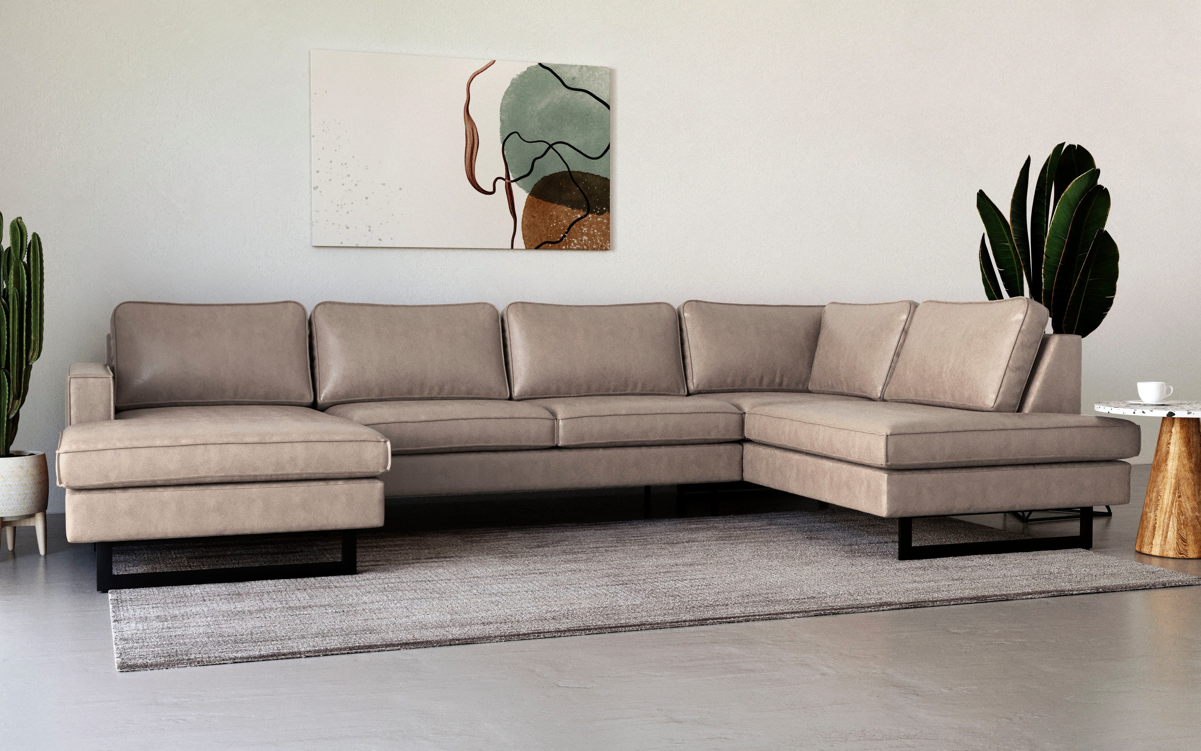 Places of Style Zithoek Pinto, 350 cm, U-vorm, XXL, met ottomanen Cord, chenille, leerlook, met bies, metalen voeten, golfondersteuning