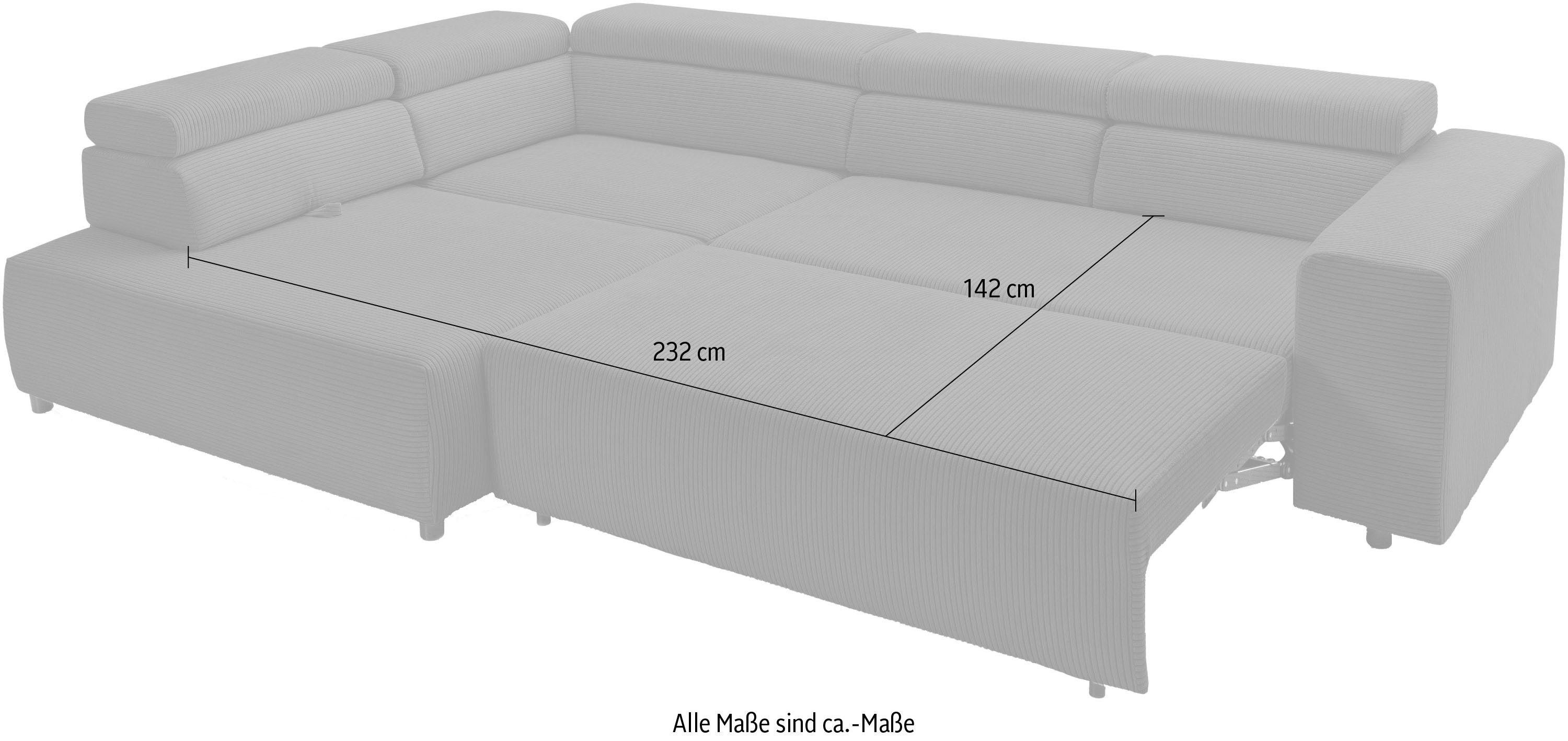 exxpo - sofa fashion Hoekbank VITTORIO met comfortfuncties, comfortabel en modern, cord, L-vorm incl. hoofdsteun- en zitdiepteverstelling, optioneel met bedfunctie
