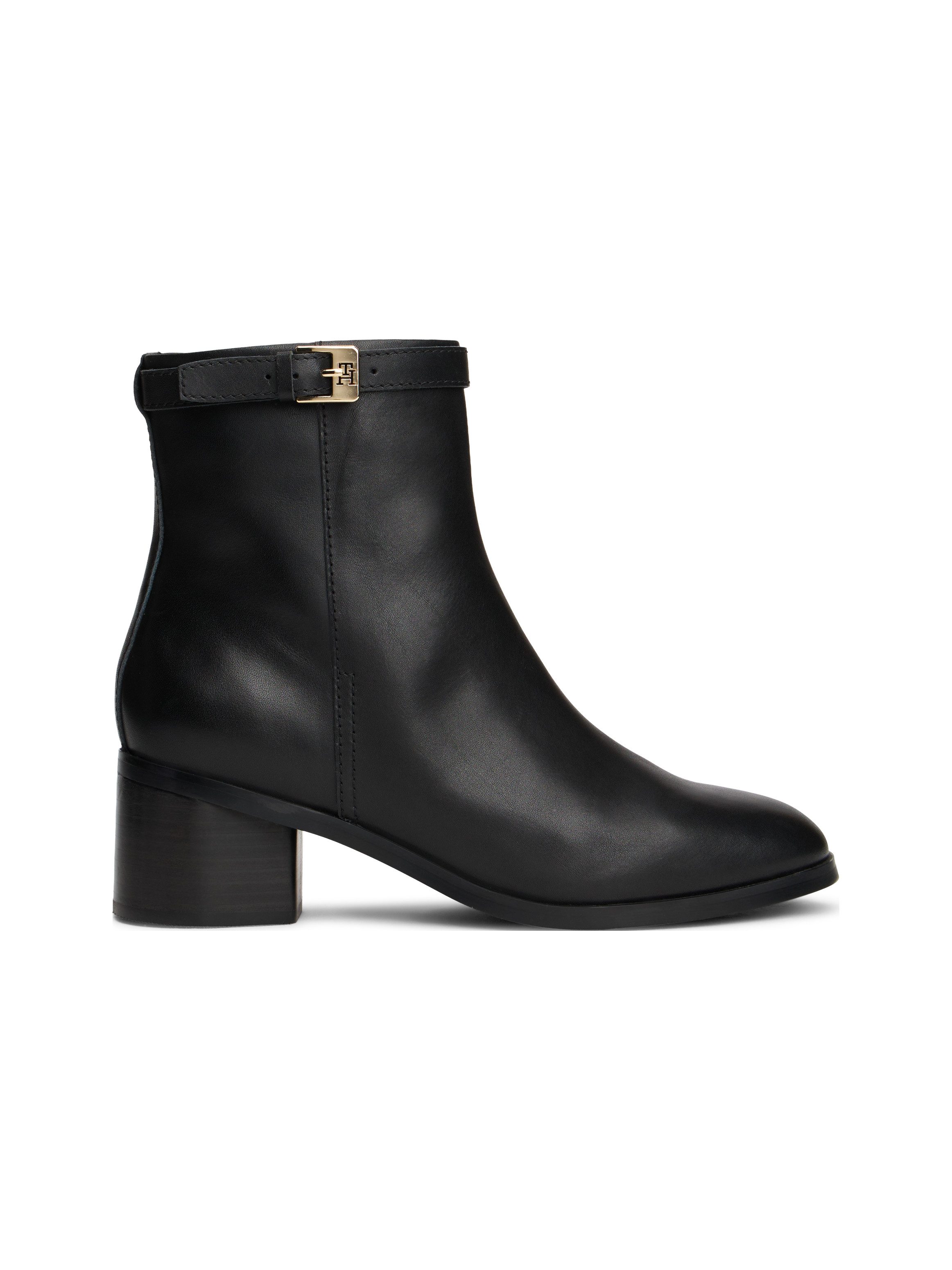 Tommy Hilfiger Laarsjes TH BUCKLE RIDING MID HEEL BOOTIE , blokhak, business schoen in smalle vorm