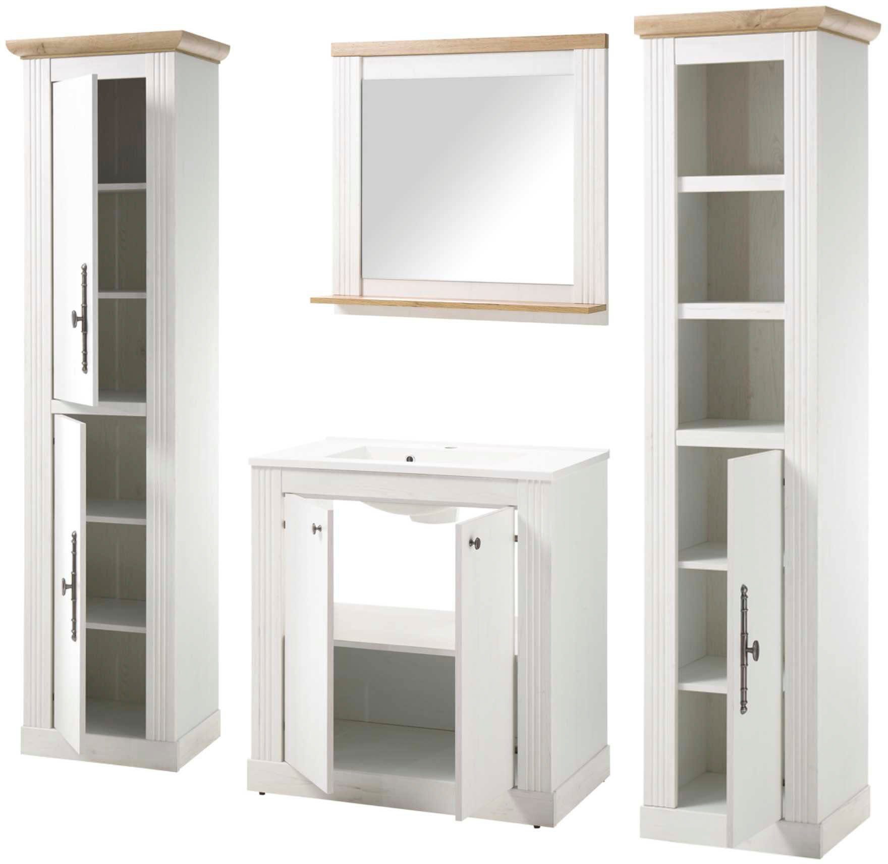 Home affaire Badkamerserie WESTMINSTER, badkamer in landhuisstijl, 4-delig badkamer Waschtafel, spiegel, 2 hoge kasten, in 2 kleuren, breedte 220 cm (4-delig)