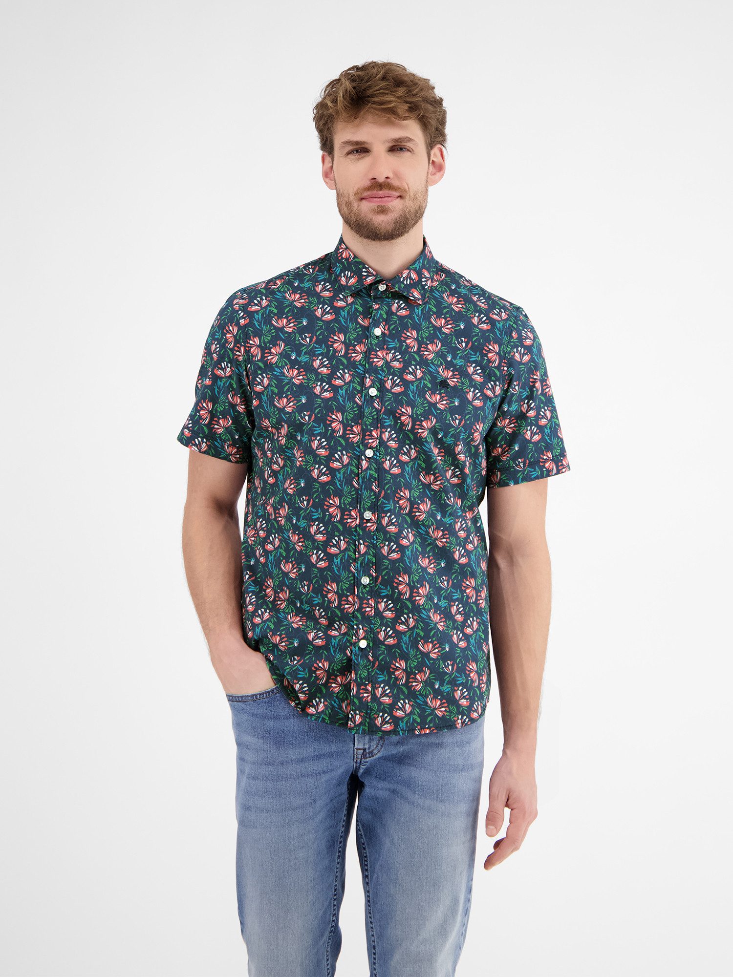 Lerros Overhemd met korte mouwen LERROS Heren poplin-stretch overhemd, bloemig gemusterd