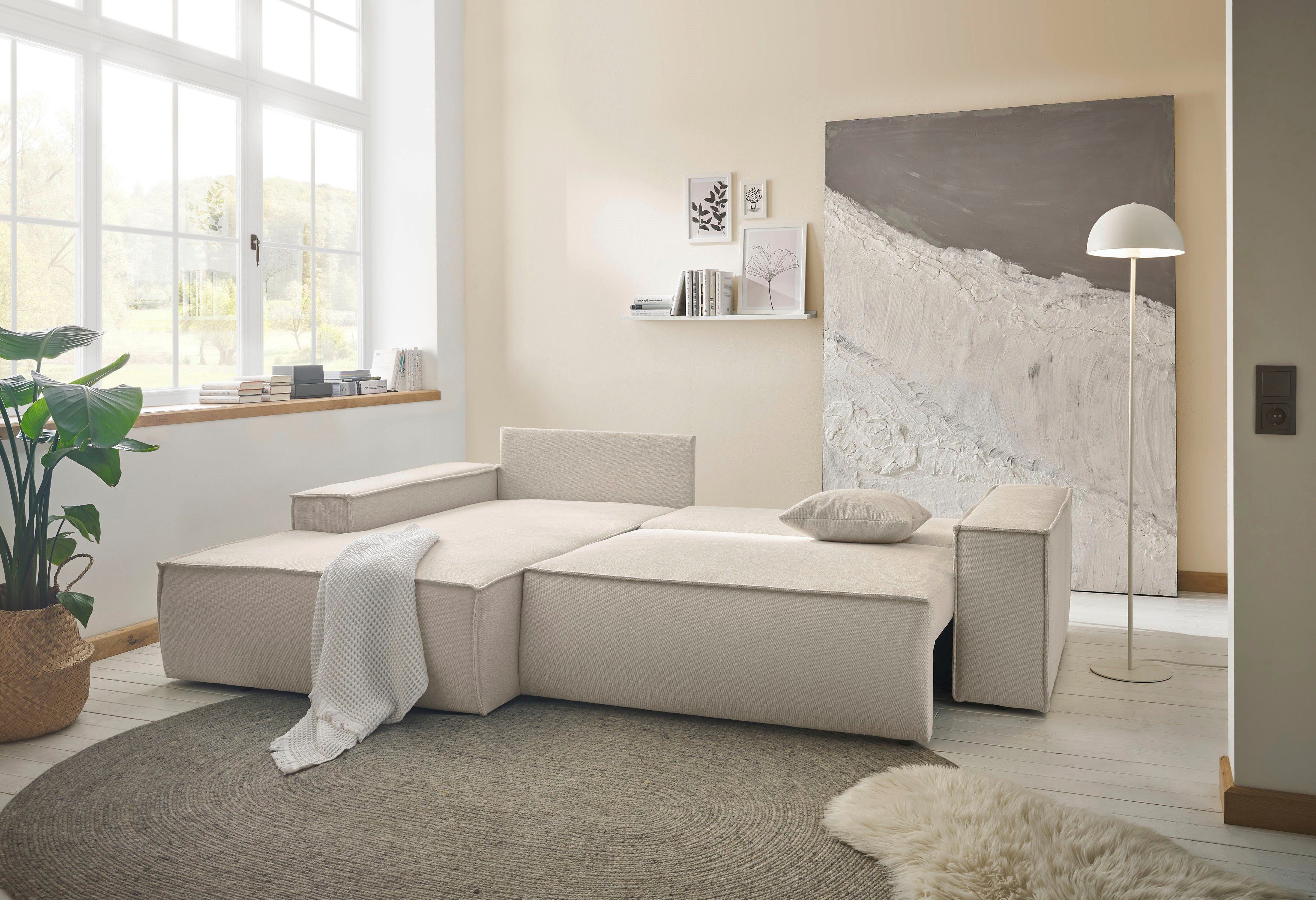 andas Hoekbank Finnley slaapbank 267 cm in Bouclé, fijne structuur en cord, L-vorm