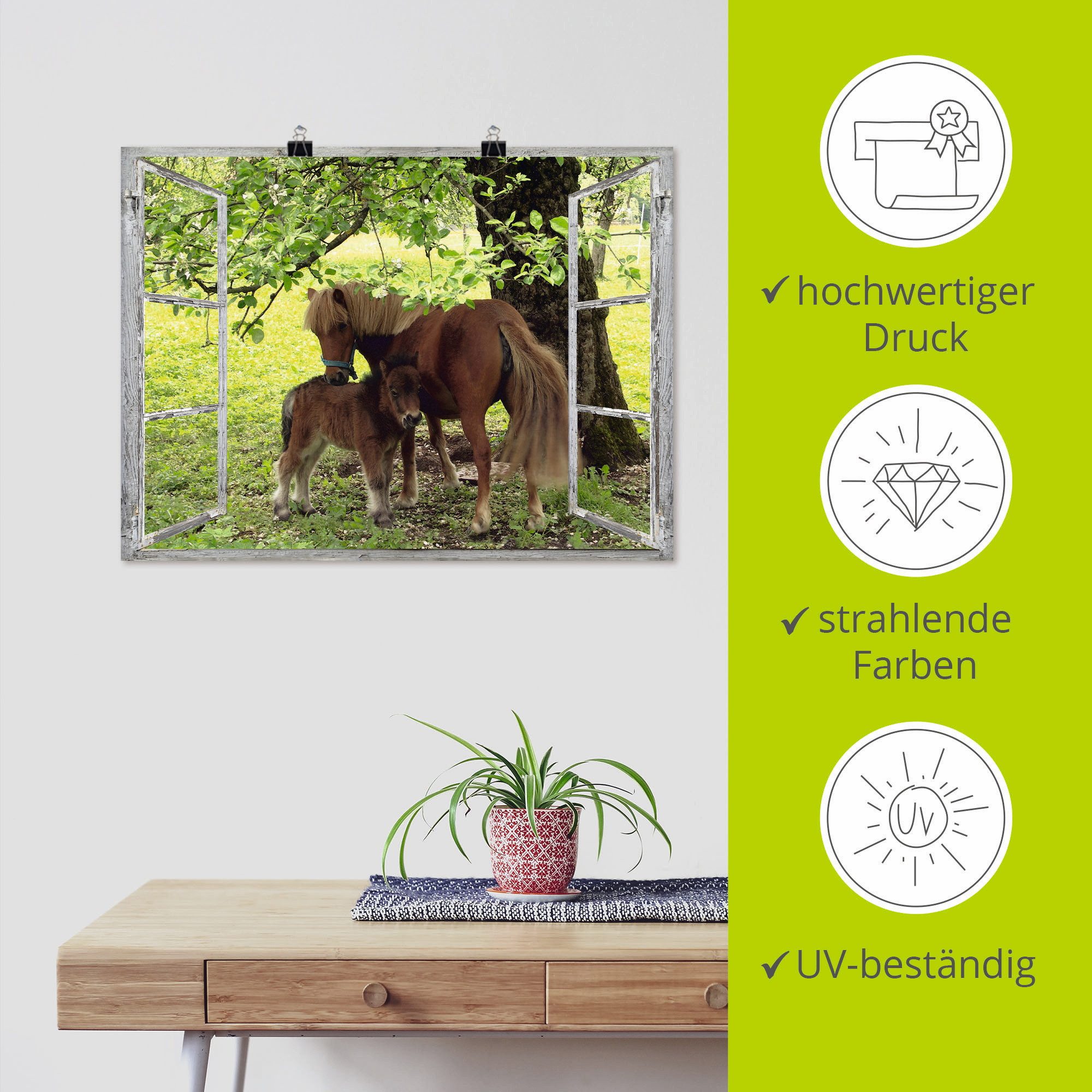 Artland Artprint Blik uit het venster - pony met kind als artprint op linnen, poster, muursticker in verschillende maten