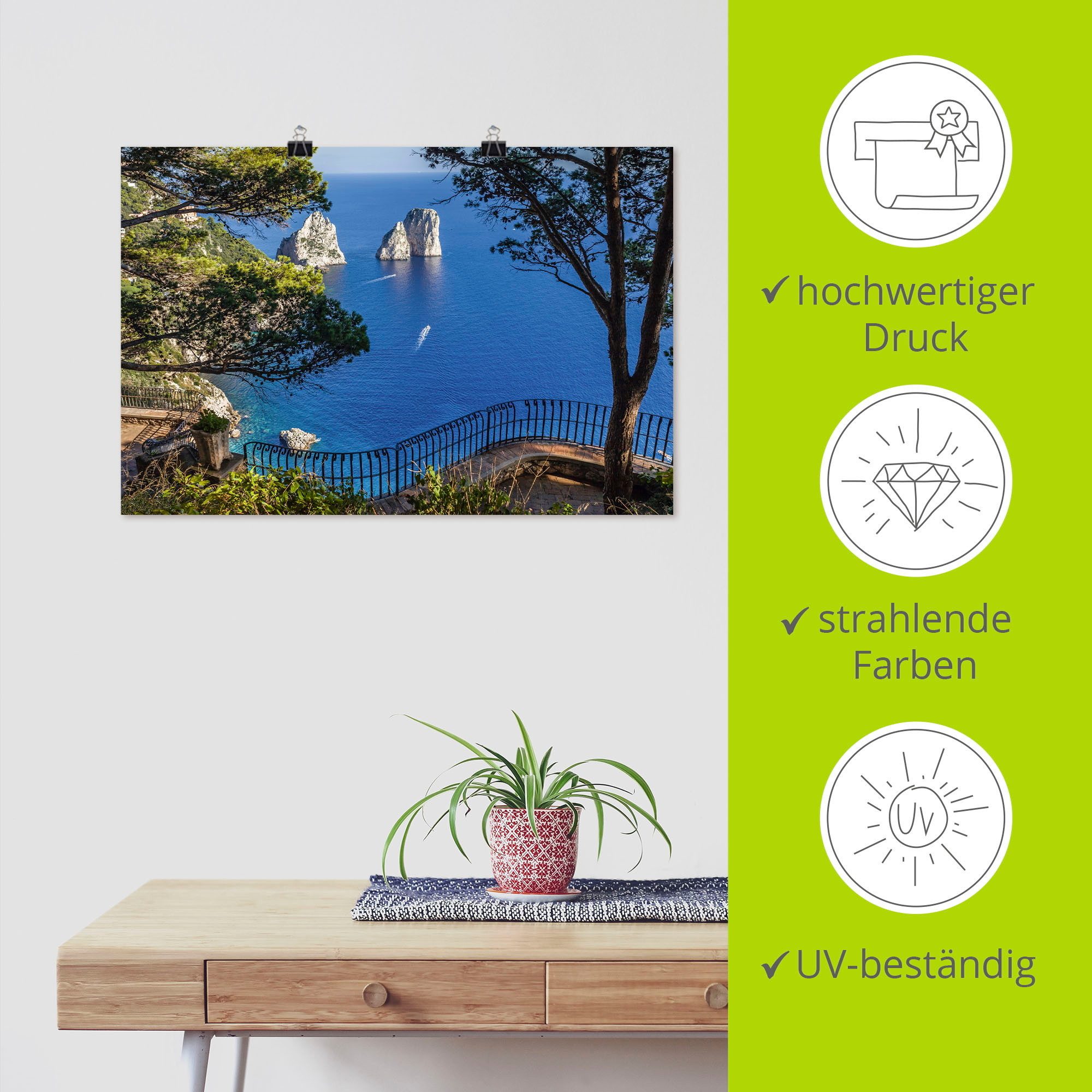 Artland Artprint Faraglione-rots op capri, Italië als artprint van aluminium, artprint voor buiten, artprint op linnen, poster, muursticker