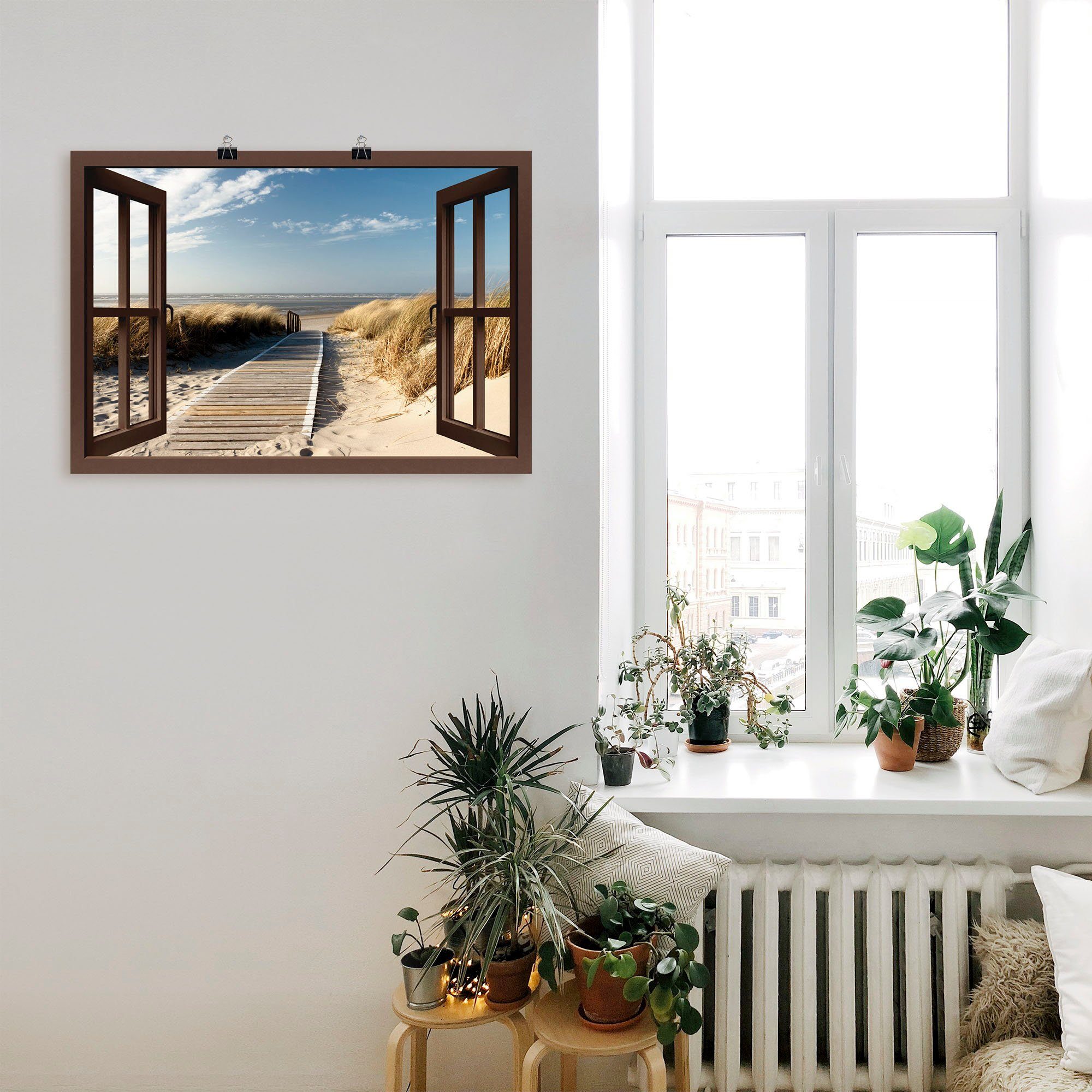 Artland Artprint Blik uit het venster Noordzeestrand op Langeoog als artprint op linnen, poster, muursticker in verschillende maten