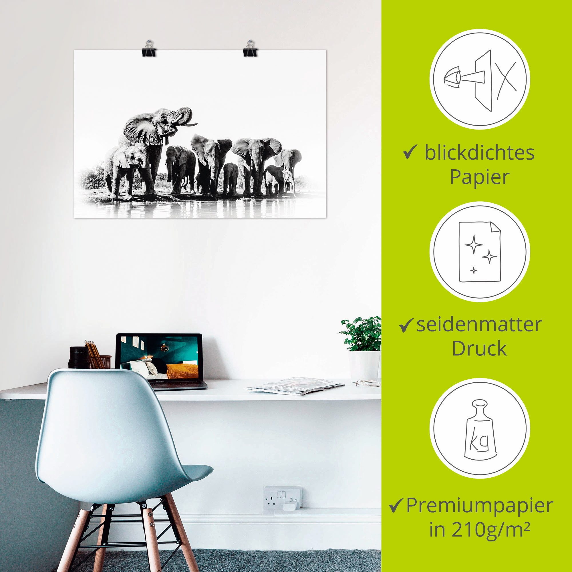 Artland Poster Olifanten bij de waterpoel als artprint van aluminium, artprint op linnen, muursticker of poster in verschillende maten