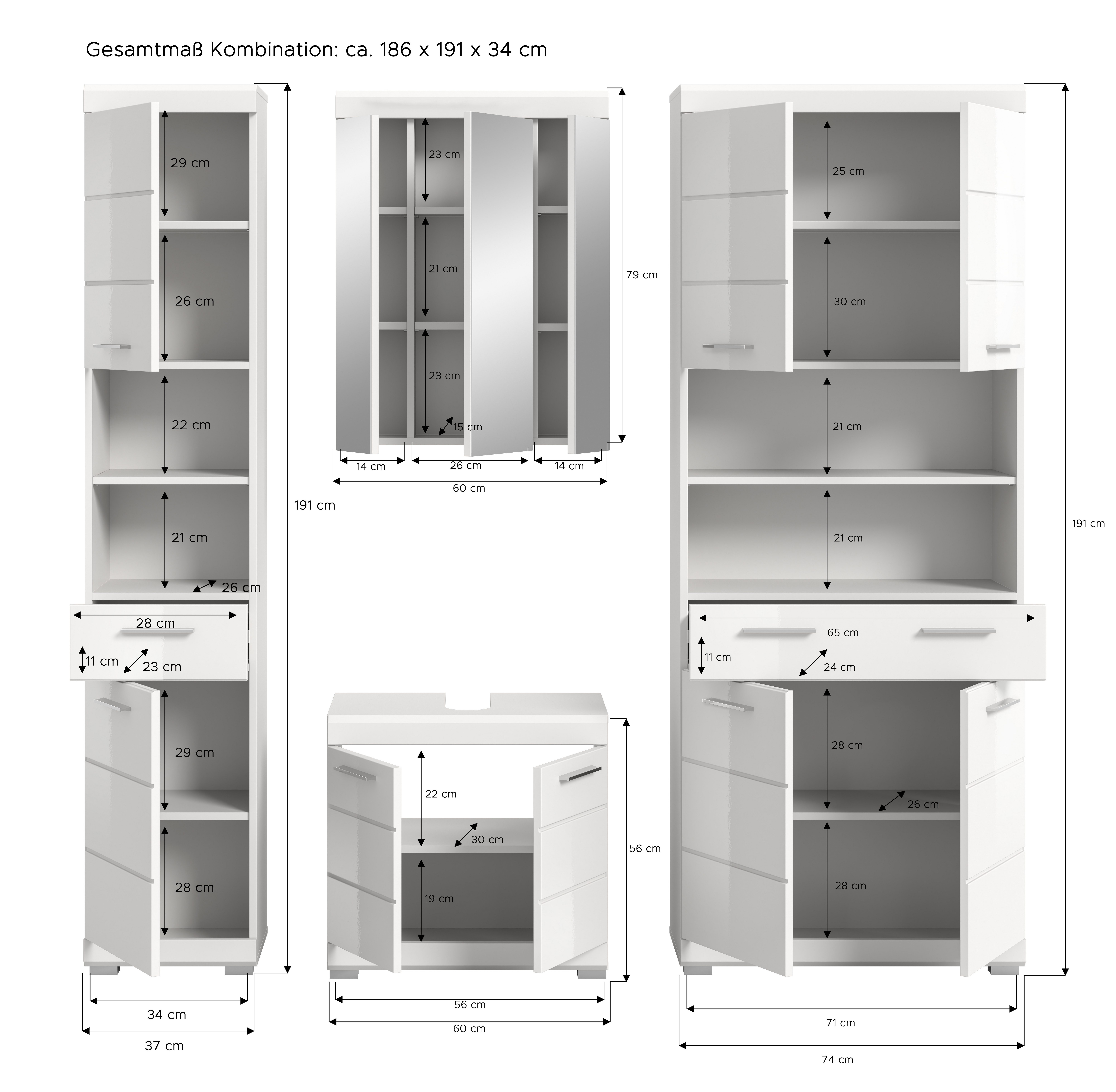 INOSIGN Badkamerserie Siena, 4-delig, bestaande uit: Smalle hoge kast, WBU, spiegelkast, brede hoge kast (set, 4-delig)