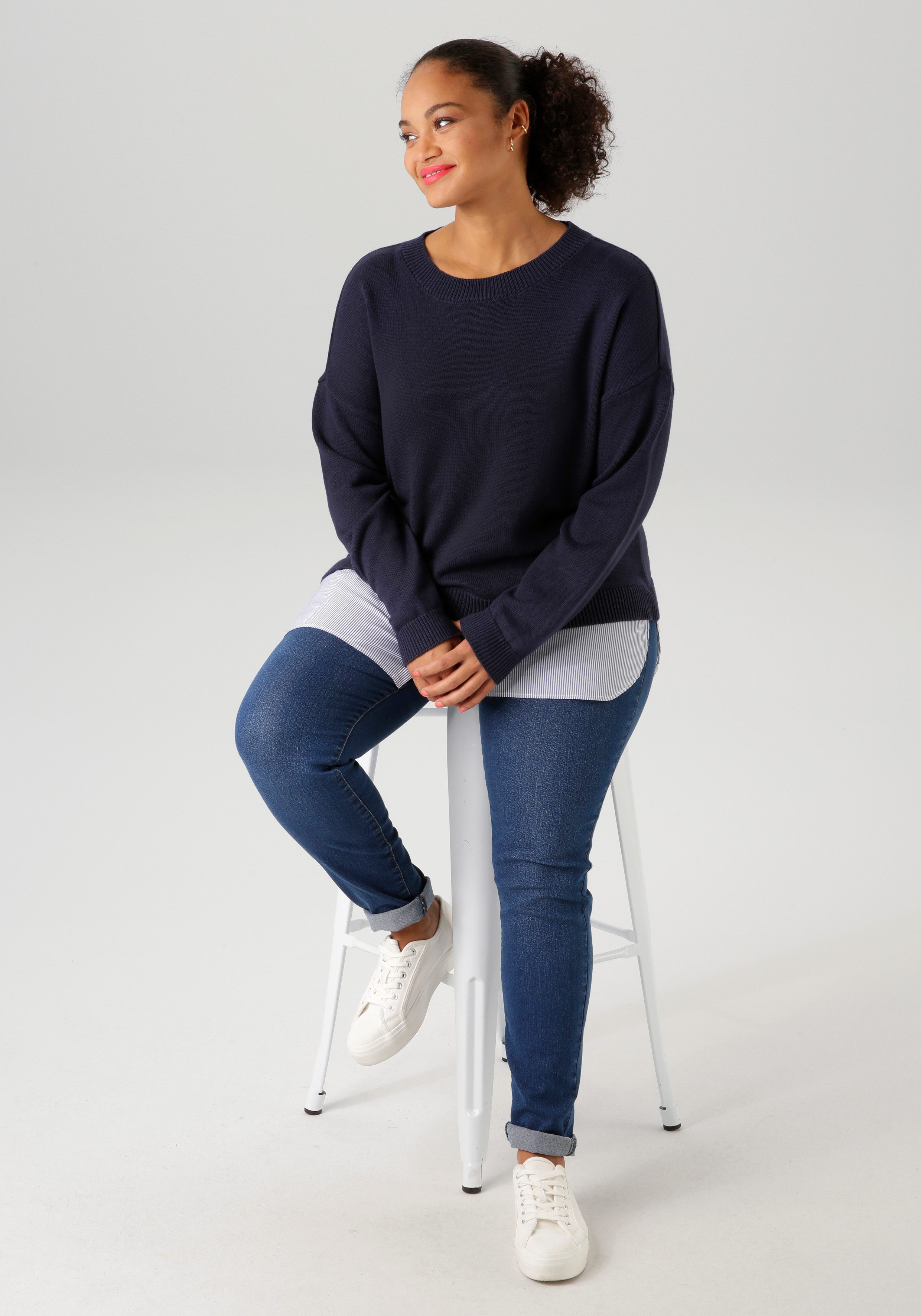 Aniston PLUS Gebreide trui gestreepte blouse-inzet onderlangs