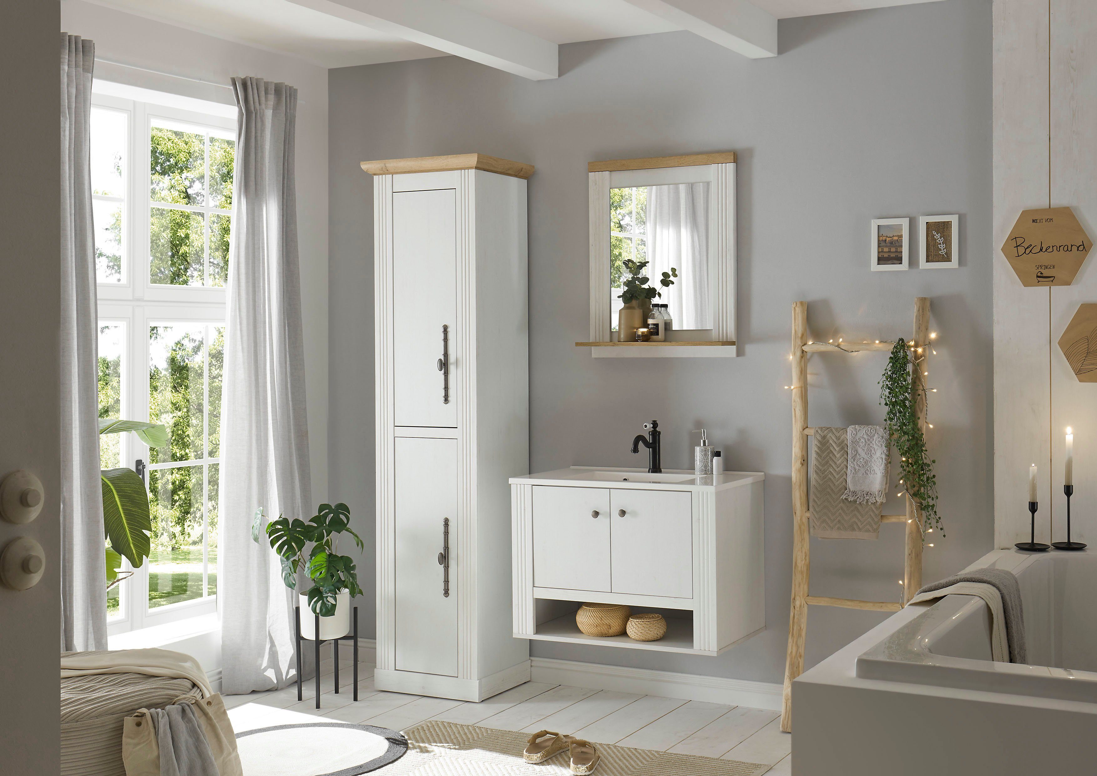 Home affaire Badkamerserie WESTMINSTER, badkamer in landhuisstijl, 3-delig badkamer Wand-wastafel, spiegel, hoge kast, in 2 kleuren, breedte 150 cm (3-delig)