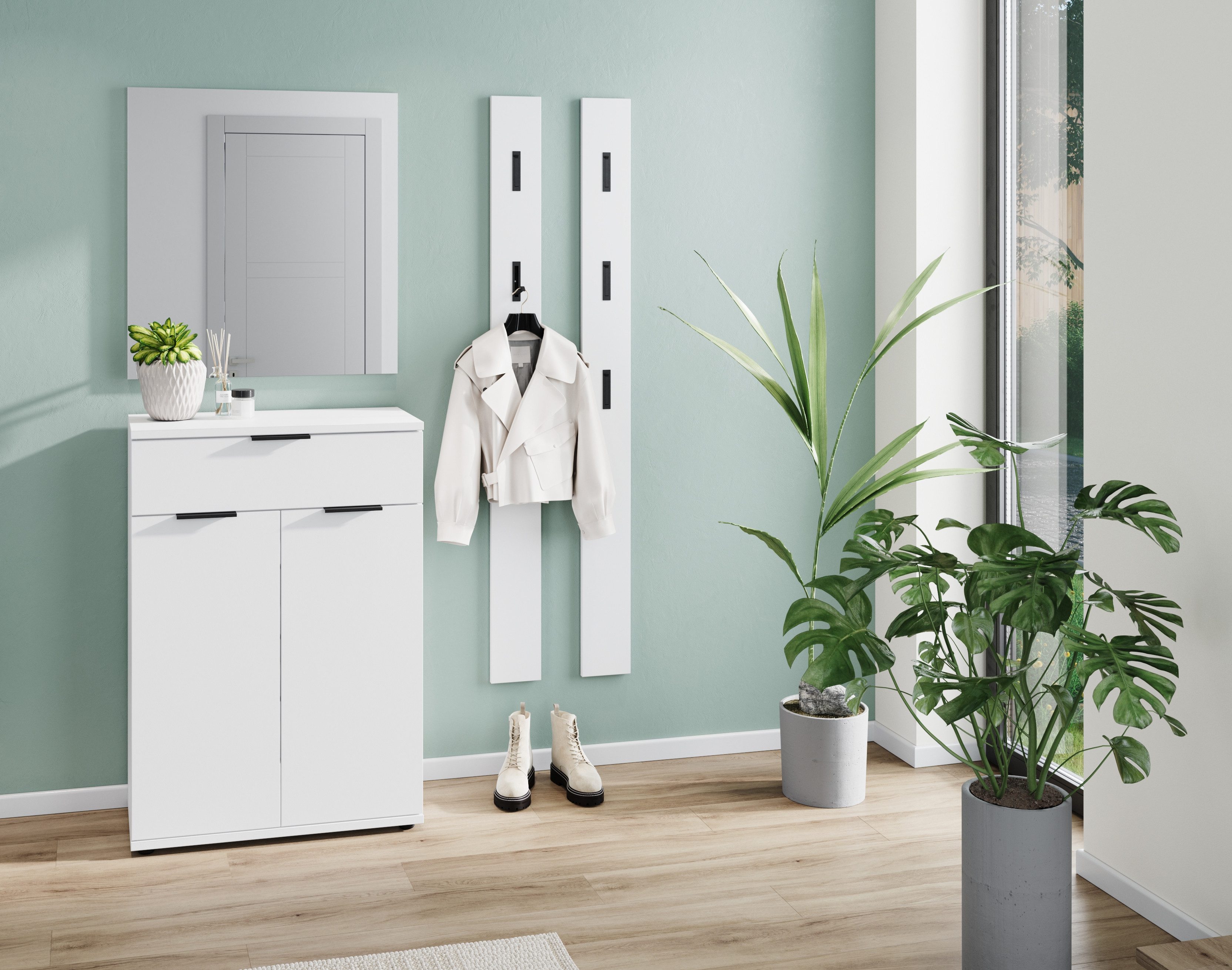 GERMANIA Halmeubelset Stanton Garderobe-set bestaande uit 1 schoenenkast, 1 spiegel en 2 panelen (4-delig) wandkapstokken wit