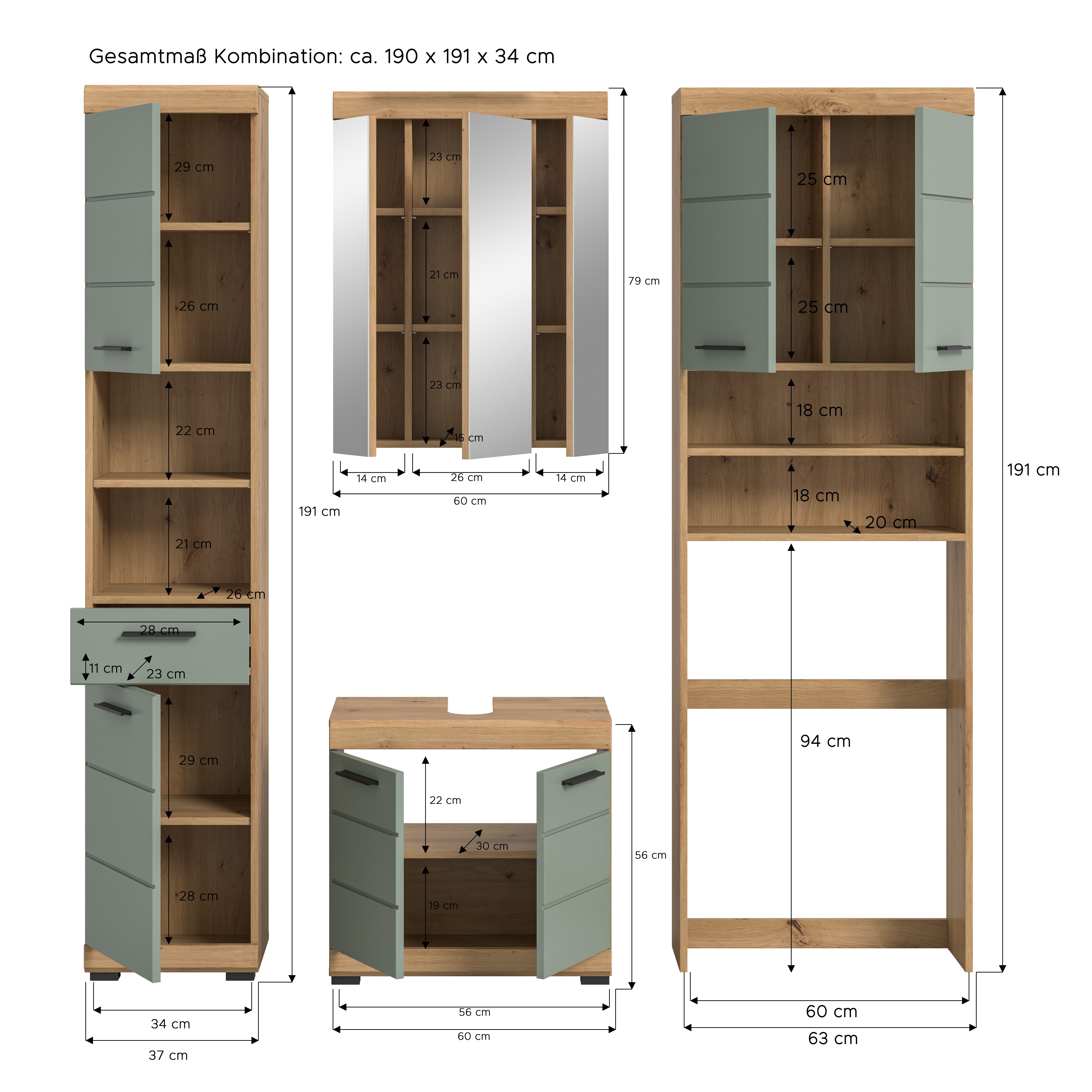INOSIGN Badkamerserie Siena, 4-delig, bestaande uit: Hoge kast, WBU, spiegelkast, wasmachine ombouwkast (set, 4-delig)